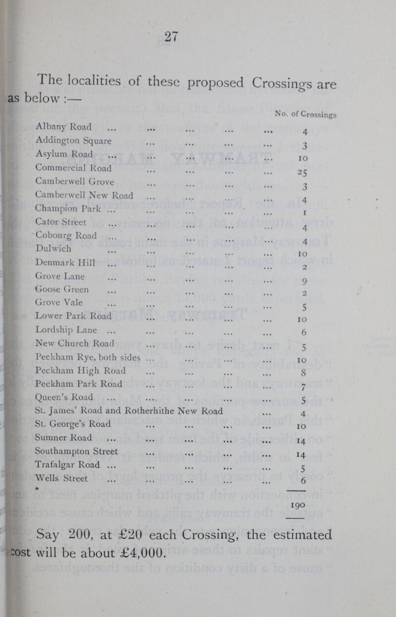 27 The localities of these proposed Crossings are as below:— No. of Crossings Albany Road 4 Addington Square 3 Asylum Road 10 Commercial Road 25 Camberwell Grove 3 Camberwell New Road 4 Champion Park I Cator Street 4 Cobourg Road 4 Dulwich 10 Denmark Hill 2 Grove Lane 9 Goose Green 2 Grove Vale 5 Lower Park Road 10 Lordship Lane 6 New Church Road 5 Peckham Rye, both sides 10 Peckham High Road 8 Peckham Park Road 7 Queen's Road 5 St. James' Road and Rotherhithe New Road 4 St. George's Road 10 Sumner Road 14 Southampton Street 14 Trafalgar Road 5 Wells Street 6 190 Say 200, at £20 each Crossing, the estimated cost will be about £4,000.