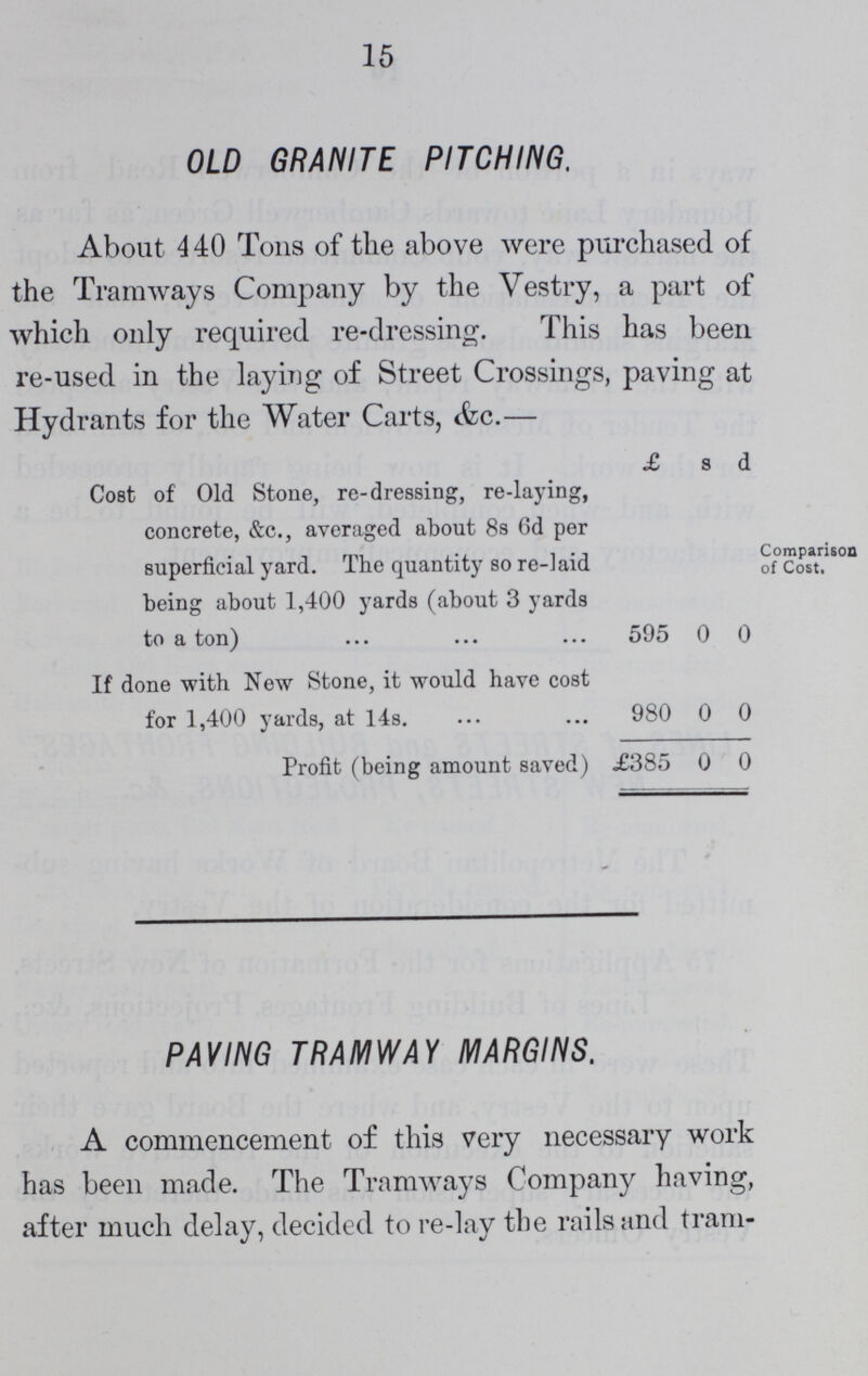 15 OLD GRANITE PITCHING. About 440 Tons of the above were purchased of the Tramways Company by the Vestry, a part of which only required re-dressing. This has been re-used in the laying of Street Crossings, paving at Hydrants for the Water Carts, &c.— £ s d Cost of Old Stone, re-dressing, re-laying, concrete, &c., averaged about 8s 6d per superficial yard. The quantity so re-laid being about 1,400 yards (about 3 yards to a ton) 595 0 Comparison of Cost. 0 If done with New Stone, it would have cost for 1,400 yards, at 14s. 980 0 0 Profit (being amount saved) £385 0 0 PAVING TRAMWAY MARGINS. A commencement of this very necessary work has been made. The Tramways Company having, after much delay, decided to re-lay the rails and tram-