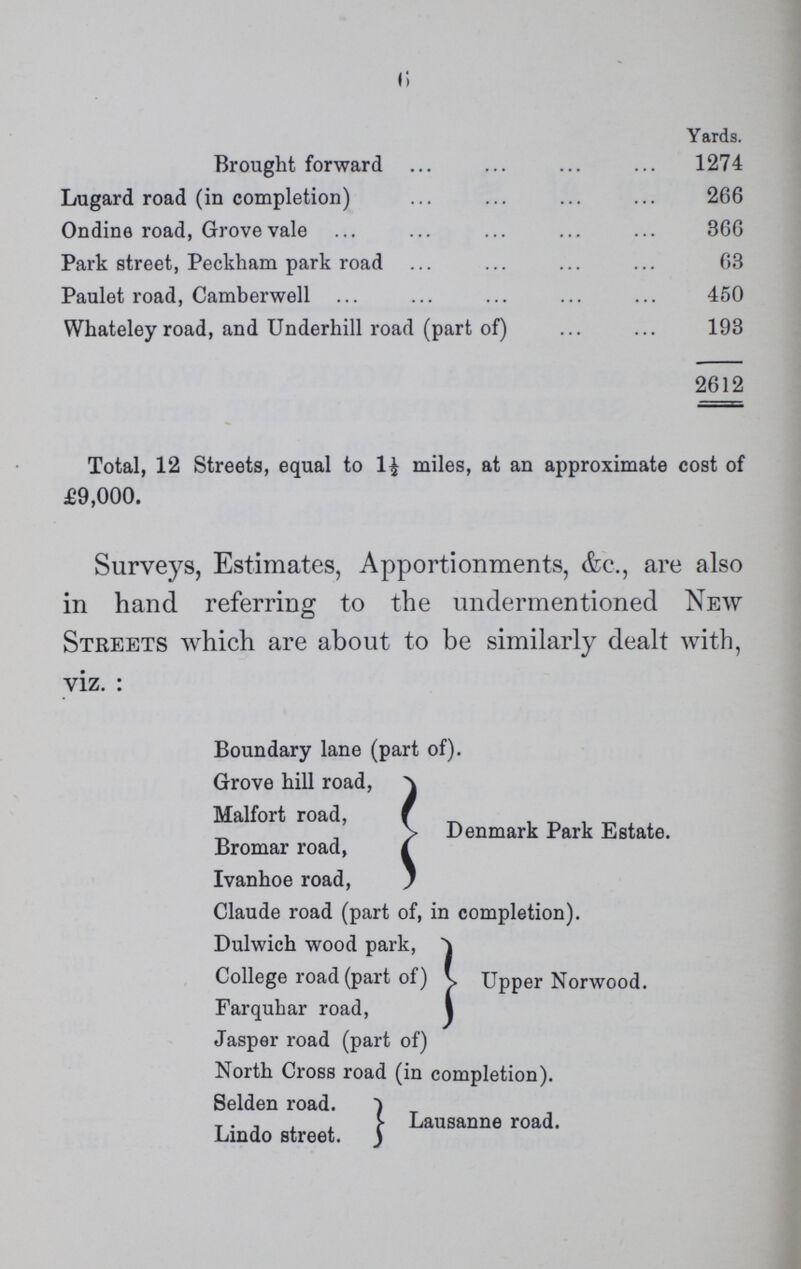 6  Yards. Brought forward 1274 Lugard road (in completion) 266 Ondine road, Grove vale 366 Park street, Peckham park road 63 Paulet road, Camberwell 450 Whateley road, and Underhill road (part of) 193 2612 Total, 12 Streets, equal to 1| miles, at an approximate cost of £9,000. Surveys, Estimates, Apportionments, &c,, are also in hand referring to the undermentioned New Streets which are about to be similarly dealt with, viz. : Boundary lane (part of). Grove hill road, Malfort road, Bromar road, Ivanhoe road, Denmark Park Estate. Claude road (part of, in completion). Dulwich wood park, College road (part of) Farquhar road, Jasper road (part of) Upper Norwood. North Cross road (in completion). Selden road. Lindo street. Lausanne road.