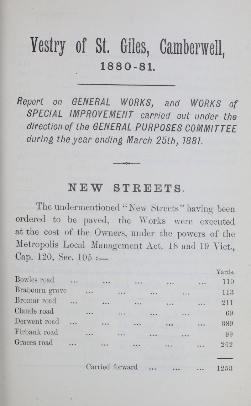 Vestry of St. Giles, Camberiell, 1880-81. Report on GENERAL WORKS, and WORKS of SPECIAL IMPROVEMENT carried out under the direction of the GENERAL PURPOSES COMMITTEE during the year ending March 25th, 1881. NEW STREETS. The undermentioned New Streets having been ordered to be paved, the Works were executed at the cost of the Owners, under the powers of the Metropolis Local Management Act, 18 and 19 Vict., Cap. 120, Sec. 105:— Yards. Bowles road 110 Brabourn grove 118 Bromar road 211 Claude road 69 Derwent road 389 Firbank road 99 Graces road 202 Carried forward 1253