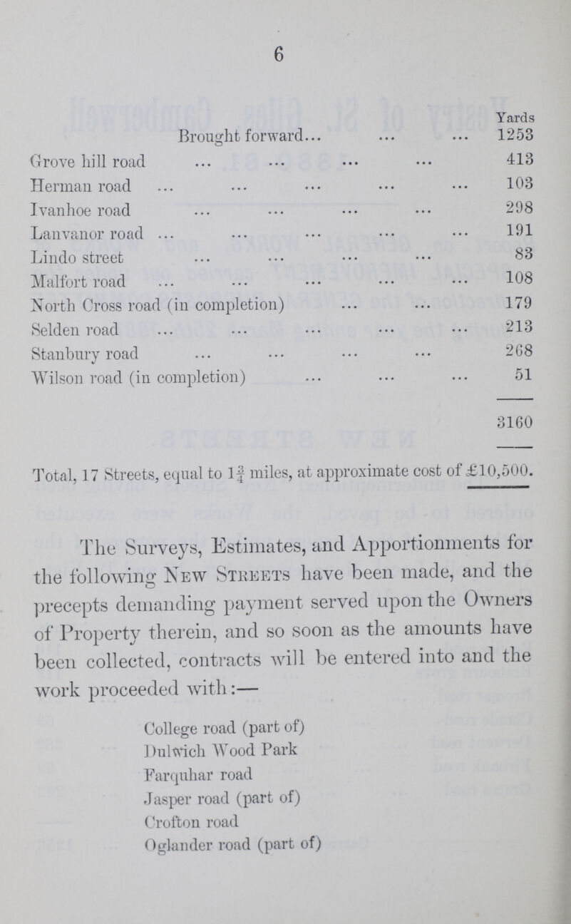 6  Yards Brought forward 1253 Grove hill road 413 Herman road 103 Ivanhoe road 298 Lanvanor road 191 Lindo street 83 Malfort road 108 North Cross road (in completion) 179 Selden road 213 Stanbury road 208 Wilson road (in completion) 51 3160 Total, 17 Streets, equal to If miles, at approximate cost of £10,500. The Surveys, Estimates, and Apportionments for the following New Streets have been made, and the ' precepts demanding payment served upon the Owners of Property therein, and so soon as the amounts have been collected, contracts will be entered into and the work proceeded with:— College road (part of) Dulwich Wood Park Farquhar road Jasper road (part of) Crofton road Oglander road (part of)