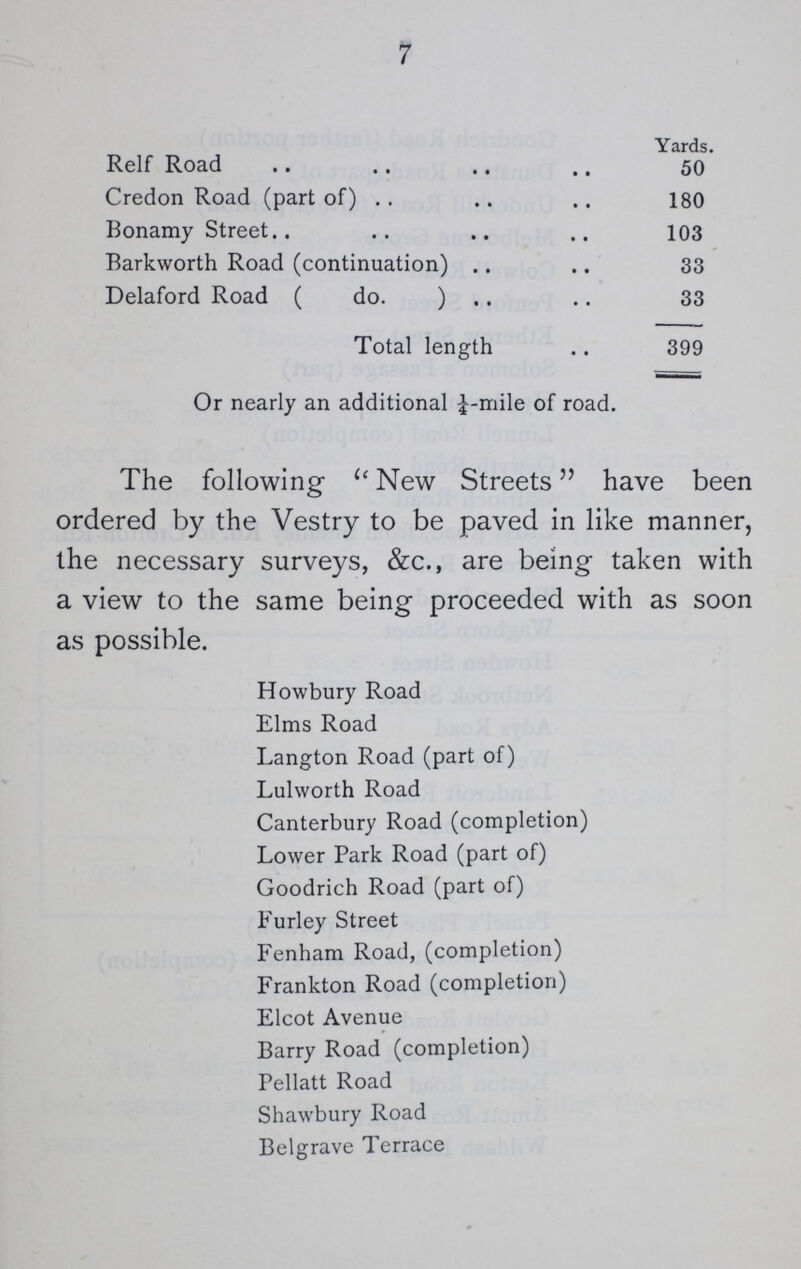 7  Yards. Relf Road 50 Credon Road (part of) 180 Bonamy Street 103 Barkworth Road (continuation) 33 Delaford Road (do.) 33 Total length 399 Or nearly an additional ¼-mile of road. The following lt New Streets have been ordered by the Vestry to be paved in like manner, the necessary surveys, &c., are being taken with a view to the same being proceeded with as soon as possible. Howbury Road Elms Road Langton Road (part of) Lulworth Road Canterbury Road (completion) Lower Park Road (part of) Goodrich Road (part of) Furley Street Fenham Road, (completion) Frankton Road (completion) Elcot Avenue Barry Road (completion) Pellatt Road Shawbury Road Belgrave Terrace
