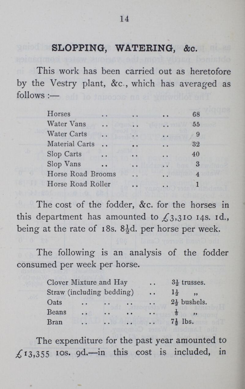 14 SLOPPING, WATERING, &c. This work has been carried out as heretofore by the Vestry plant, &c., which has averaged as follows:— Horses 68 Water Vans 55 Water Carts 9 Material Carts 32 Slop Carts 40 Slop Vans 3 Horse Road Brooms 4 Horse Road Roller 1 The cost of the fodder, &c. for the horses in this department has amounted to £3,310 14s. 1d., being at the rate of 18s. 8½d. per horse per week. The following is an analysis of the fodder consumed per week per horse. Clover Mixture and Hay 3½ trusses. Straw (including bedding) 1½ „ Oats bushels. Beans 1/8 „ Bran 7½ lbs. The expenditure for the past year amounted to £13,355 10s. 9d.- in this cost is included, in