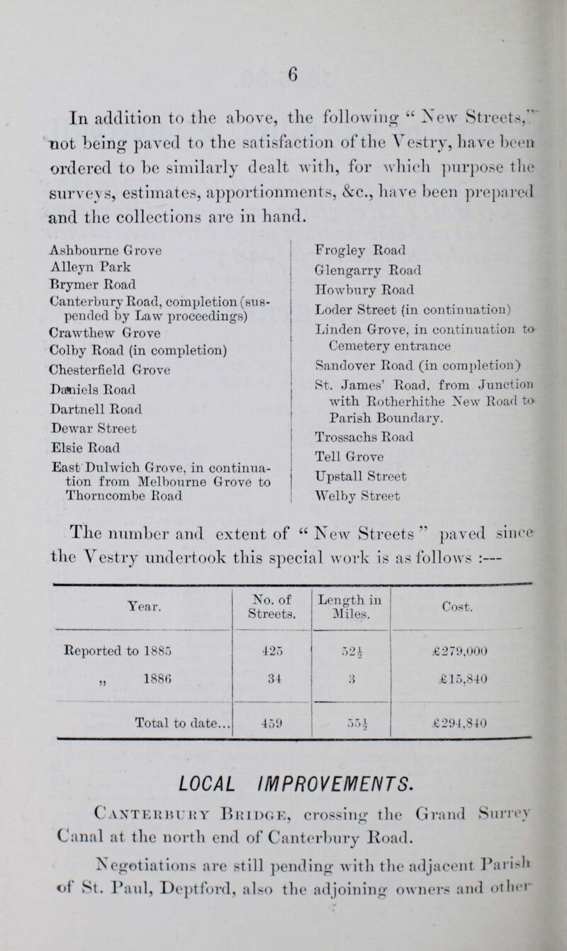 6 In addition to the above, the following New Streets, not being paved to the satisfaction of the Vestry, have been ordered to be similarly dealt with, for which purpose the surveys, estimates, apportionments, &c., have been prepared and the collections are in hand. Ashbourne Grove Alleyn Park Brymer Road Canterbury Road, completion (sus pended by Law proceedings) Crawthew Grove Colby Road (in completion) Chesterfield Grove Daniels Road Dartnell Road Dewar Street Elsie Road East Dulwich Grove, in continua tion from Melbourne Grove to Thorncombe Road Frogley Road Glengarry Road Howbury Road Loder Street (in continuation) Linden Grove, in continuation to Cemetery entrance Sandover Road (in completion) St. James' Road, from Junction with Rotherhithe New Road to Parish Boundary. Trossachs Road Tell Grove Upstall Street Welby Street The number and extent of New Streets paved since the Vestry undertook this special work is as follows:— Year. No. of Streets. Length in Miles. Cost. Reported to 1885 425 52½ £279,000 „ 1880 34 3 £15,840 Total to date 459 55½ £294,840 LOCAL IMPROVEMENTS. Canterbury Bridge, crossing the Grand Surrey Canal at the north end of Canterbury Road. Negotiations are still pending with the adjacent Parish of St. Paul, Deptford, also the adjoining owners and other