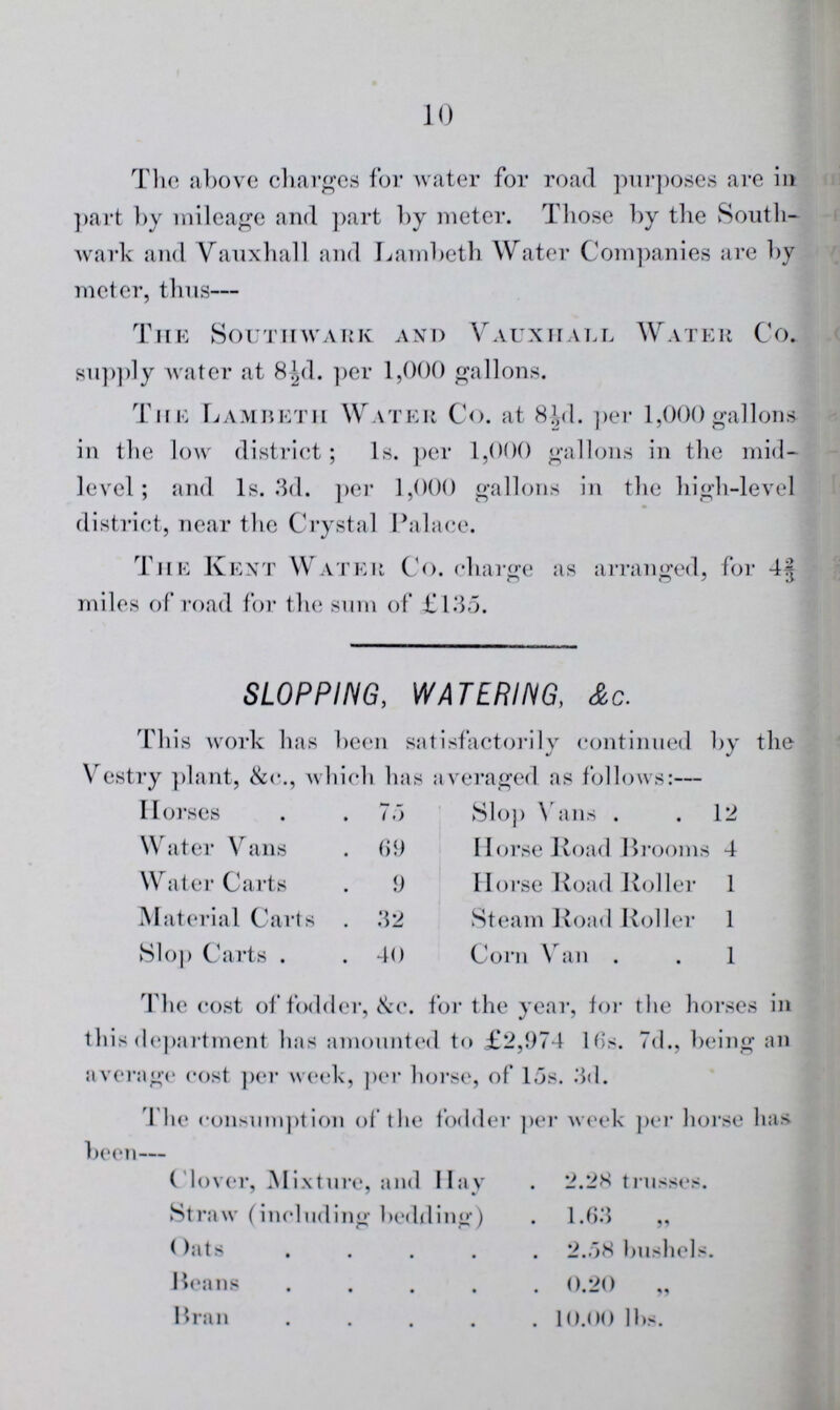 10 The above charges for water for road purposes are in part by mileage and part by meter. Those by the South wark and Vauxhall and Lambeth Water Companies are by meter, thus— The Southwark and Vauxhall Water Co. supply water at 8½d. per 1,000 gallons. The Lambeth Water Co. at 8½d. per 1,000 gallons in the low district; 1s. per 1,000 gallons in the mid level; and 1s. 3d. per 1,000 gallons in the high-level district, near the Crystal Palace. The Kent Water Co. charge as arranged, for 42/3 miles of road for the sum of £135. SLOPPING, WATERING, &c. This work has been satisfactorily continued by the Vestry plant, &c., which has averaged as follows:— Horses 75 Water Vans 69 Water Carts 9 Material Carts 32 Slop Carts 40 Slop Vans 12 Horse Road Brooms 4 Horse Road Roller 1 Steam Road Roller 1 Corn Van 1 The cost of fodder, &c. for the year, for the horses in this department has amounted to £2,974 16s. 7d., being an average cost per week, per horse, of las. 3d. The consumption of the fodder per week per horse has been— Clover, Mixture, and Hay 2.28 trusses. Straw (including bedding) 1.63 „ Oats 2.58 bushels. Beans 0.20 „ Bran 10.00 lbs.