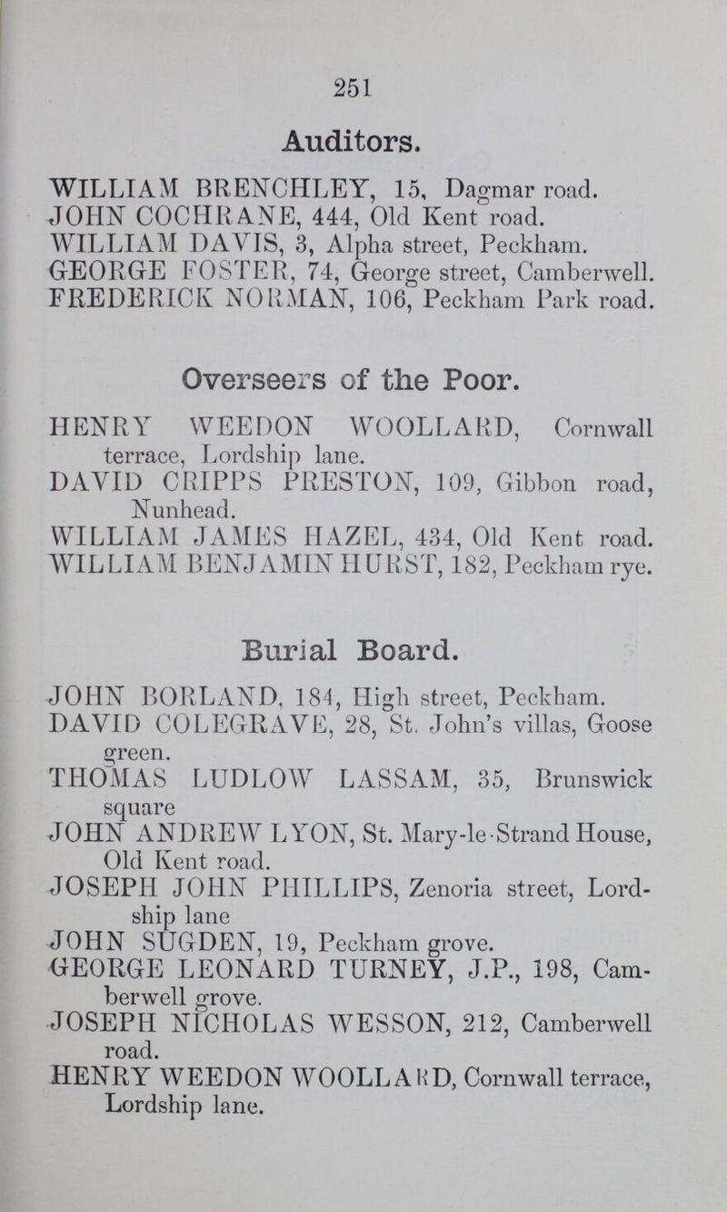 251 Auditors. WILLIAM BRENCHLEY, 15, Dagmar road. JOHN COCHRANE, 444, Old Kent road. WILLIAM DAVIS, 3, Alpha street, Peckham. GEORGE FOSTER, 74, George street, Camberwell. FREDERICK NORMAN, 106, Peckham Park road. Overseers of the Poor. HENRY WEEDON WOOLLARD, Cornwall terrace, Lordship lane. DAVID CRIPPS PRESTON, 109, Gibbon road, Nun head. WILLIAM JAMES HAZEL, 434, Old Kent road. WILLIAM BENJAMIN HURST, 182, Peckham rye. Burial Board. JOHN BORLAND, 184, High street, Peckham. DAVID COLEGRAVE, 28, St. John's villas, Goose green. THOMAS LUDLOW LASSAM, 35, Brunswick square JOHN ANDREW LYON, St. Mary-le-Strand House, Old Kent road. JOSEPH JOHN PHILLIPS, Zenoria street, Lord ship lane JOHN SUGDEN, 19, Peckham grove. GEORGE LEONARD TURNEY, J.P., 198, Cam berwell grove. JOSEPH NICHOLAS WESSON, 212, Camberwell road. HENRY WEEDON WOOLLARD, Cornwall terrace, Lordship lane.