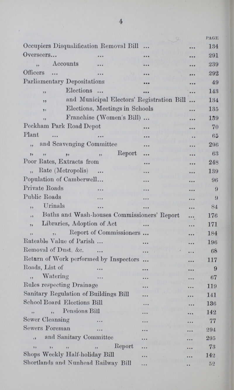 4 PAGE Occupiers Disqualification Removal Bill 134 Overseers 291 „ Accounts 239 Officers 292 Parliamentary Depositations 49 „ Elections 143 ,, and Municipal Electors' Registration Bill 134 ,, Elections, Meetings in Schools 135 „ Franchise (Women's Bill) 139 Peckham Park Road Depot 70 Plant 65 ,, and Scavenging Committee 290 ,, ,, ,, ,, Report 63 Poor Rates, Extracts from 248 „ Rate (Metropolis) 139 Population of Camberwell. 90 Private Roads 9 Public Roads 9 ,, Urinals 84 ,, Baths and Wash-houses Commissioners' Report 170 „ Libraries, Adoption of Act 171 ,, ,, Report of Commissioners 184 Rateable Value of Parish 190 Removal of Dust, &c. 68 Return of Work performed by Inspectors 117 Roads, List of 9 ,, Watering 07 Rules respecting Drainage 119 Sanitary Regulation of Buildings Bill 141 School Board Elections Bill 130 ,, ,, Pensions Bill 142 Sewer Cleansing 77 Sewers Foreman 294 ,, and Sanitary Committee 295 ,, „ „ „ Report 73 Shops Weekly Half-holiday Bill 142 Shortlands and Nunhead Railway Bill 52