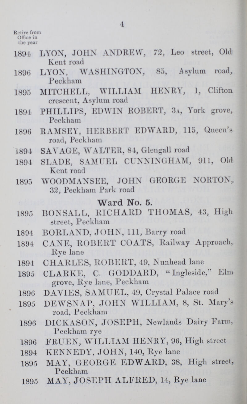 4 Retire from Office in the year 1894 LYON, JOHN ANDREW, 72, Leo street, Old Kent road 1896 LYON, WASHINGTON, 85, Asylum road, Peckham 1895 MITCHELL, WILLIAM HENRY, 1, Clifton crescent, Asylum road 1894 PHILLIPS, EDWIN ROBERT, 3v, York grove, Peckham 1896 RAMSEY, HERBERT EDWARD, 115, Queen's road, Peckham 1891 SAVAGE, WALTER, 81, Glengall road 1891 SLADE, SAMUEL CUNNINGHAM, 911, Old Kent road 1895 WOODMANSEE, JOHN GEORGE NORTON,. 32, Peckham Park road Ward No. 5. 1895 BONSALL, RICHARD THOMAS, 43, High street, Peckham 1894 BORLAND, JOHN, 111, Barry road 1894 CANE, ROBERT COATS, Railway Approach, Rye lane 1894 CHARLES, ROBERT, 49, Nunhead lane 1895 CLARKE, C- GODDARD,  Ingleside, Elm grove, Rye lane, Peckham 1896 DAVIES, SAMUEL, 49, Crystal Palace road 1895 DEWSNAP, JOHN WILLIAM, 8, St. Mary's road, Peckham 1896 DICKASON, JOSEPH, Newlands Dairy Farm, Peckham rye 1896 FRUEN, WILLIAM HENRY, 96, High street 1894 KENNEDY, JOHN, 140, Rye lane 1895 MAY, GEORGE EDWARD, 38, High street, Peckham 1895 MAY', JOSEPH ALFRED, 14, Rye lane