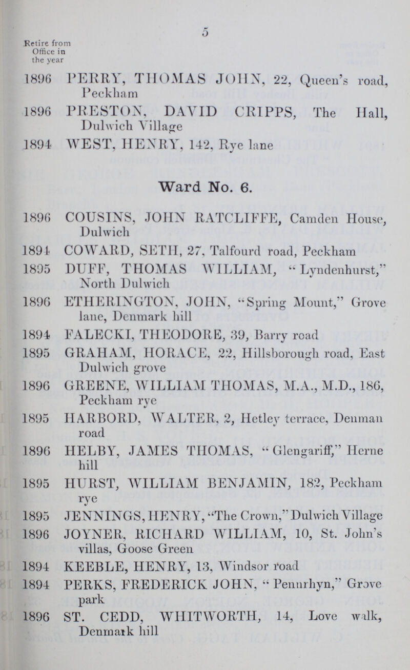 *) Retire from Office in the year 1896 PERRY, THOMAS JOHN, 22, Queen's road, Peckham 1896 PRESTON, DAVID CRIPPS, The Hall, Dulwich Village 1894 WEST, HENRY, 142, Rye lane Ward No. 6. 1896 COUSINS, JOHN RATCLIFFE, Camden House, Dulwich 1894 COWARD, SET 11, 27, Talfourd road, Peckham 1895 DUFF, THOMAS WILLIAM, Lyndenhurst, North Dulwich 1896 ETHERINGTON, JOHN, Spring Mount, Grove lane, Denmark hill 1894 FALECKI, THEODORE, 39, Barry road 1895 GRAHAM, HORACE, 22, Hillsborough road, East Dulwich grove 1896 GREENE, WILLIAM THOMAS, M.A., M.D., 186, Peckham rye %! 1895 HARBORD, WALTER, 2, Hetley terrace, Denman road 1896 HELBY, JAMES THOMAS,  Glengariff, Herne hill 1895 HURST, WILLIAM BENJAMIN, 182, Peckham rye 1895 JENNINGS, HENRY, The Crown, Dulwich Village 1896 JOYNER, RICHARD WILLIAM, 10, St. John's villas, Goose Green 1894 KEEBLE, HENRY, 13, Windsor road 1894 PERKS, FREDERICK JOHN,  Pennrhyn, Grove park 1896 ST. CEDD, WHITWORTH, 14, Love walk, Denmark hill