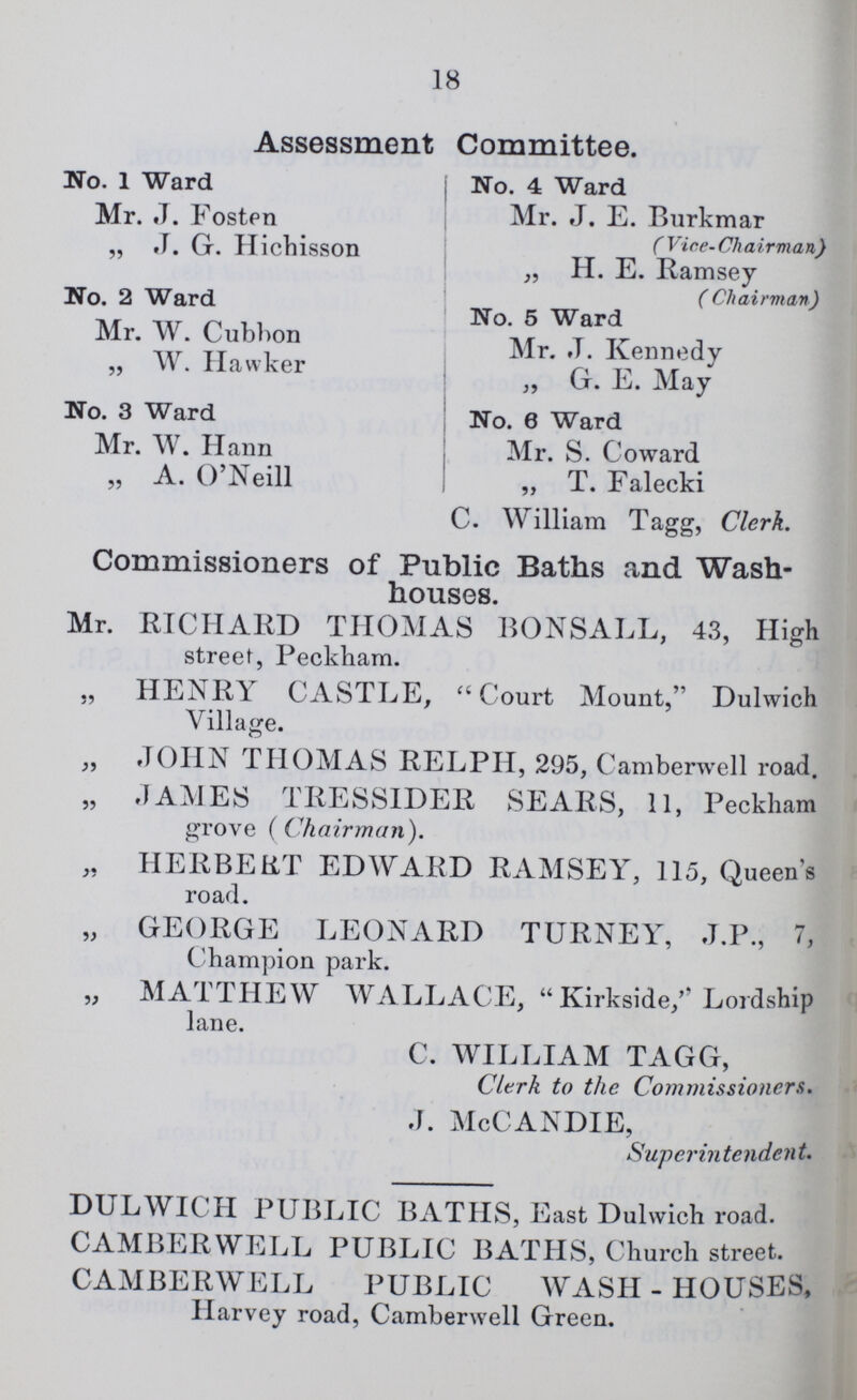 18 Assessment Committee. No. 1 Ward Mr. J. Fosten „ J. G. Hichisson No. 2 Ward Mr. W. Cubbon „ W. Hawker No. 3 Ward Mr. W. Harm „ A. O'Neill No. 4 Ward Mr. J. E. Burkmar ( Vice- Ch airman) „ H. E. Ramsey ( Chairman) No. 5 Ward Mr. J. Kennedy „ G. E. May No. 6 Ward Mr. S. Coward „ T. Falecki C. William Tagg, Clerk. Commissioners of Public Baths and Wash- houses. Mr. RICHARD THOMAS BONSALL, 43, High street, Peckham. „ HENRY CASTLE, Court Mount, Dulwich Village. „ JOHN THOMAS RELPH, 295, Camberwell road. „ JAMES TRESSIDER SEARS, 11, Peckham grove (Chairman). „ HERBERT EDWARD RAMSEY, 115, Queen's road. „ GEORGE LEONARD TURNEY, J.P., 7, Champion park. „ MATTHEW WALLACE,  Kirkside, Lordship lane. C. WILLIAM TAGG, Clerk to the Commissioners. ,J. McCANDIE, Superintendent. DULWICH PUBLIC BATHS, East Dulwich road. CAMBERWELL PUBLIC BATHS, Church street. CAMBERWELL PUBLIC WASH-HOUSES, Harvey road, Camberwell Green.