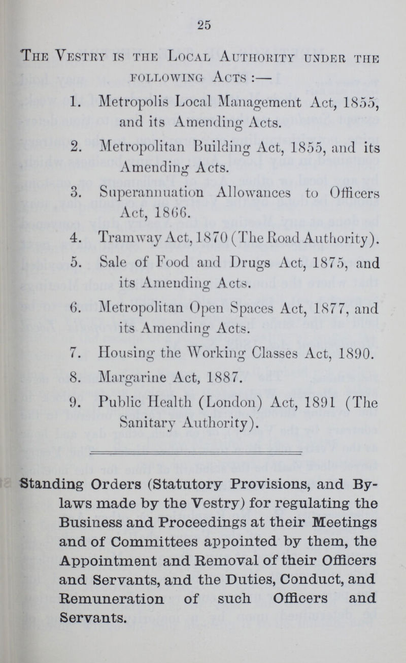 25 The Vestry is the Local Authority under the following Acts:— 1. Metropolis Local Management Act, 1855, and its Amending Acts. 2. Metropolitan Building Act, 1855, and its Amending Acts. 3. Superannuation Allowances to Officers Act, 1866. 4. Tramway Act, 1870 (The Road Authority). 5. Sale of Food and Drugs Act, 1875, and its Amending Acts. 6. Metropolitan Open Spaces Act, 1877, and its Amending Acts. 7. Housing the Working Classes Act, 1890. 8. Margarine Act, 1887. 9. Public Health (London) Act, 1891 (The Sanitary Authority). Standing Orders (Statutory Provisions, and By laws made by the Vestry) for regulating the Business and Proceedings at their Meetings and of Committees appointed by them, the Appointment and Removal of their Officers and Servants, and the Duties, Conduct, and Remuneration of such Officers and Servants.