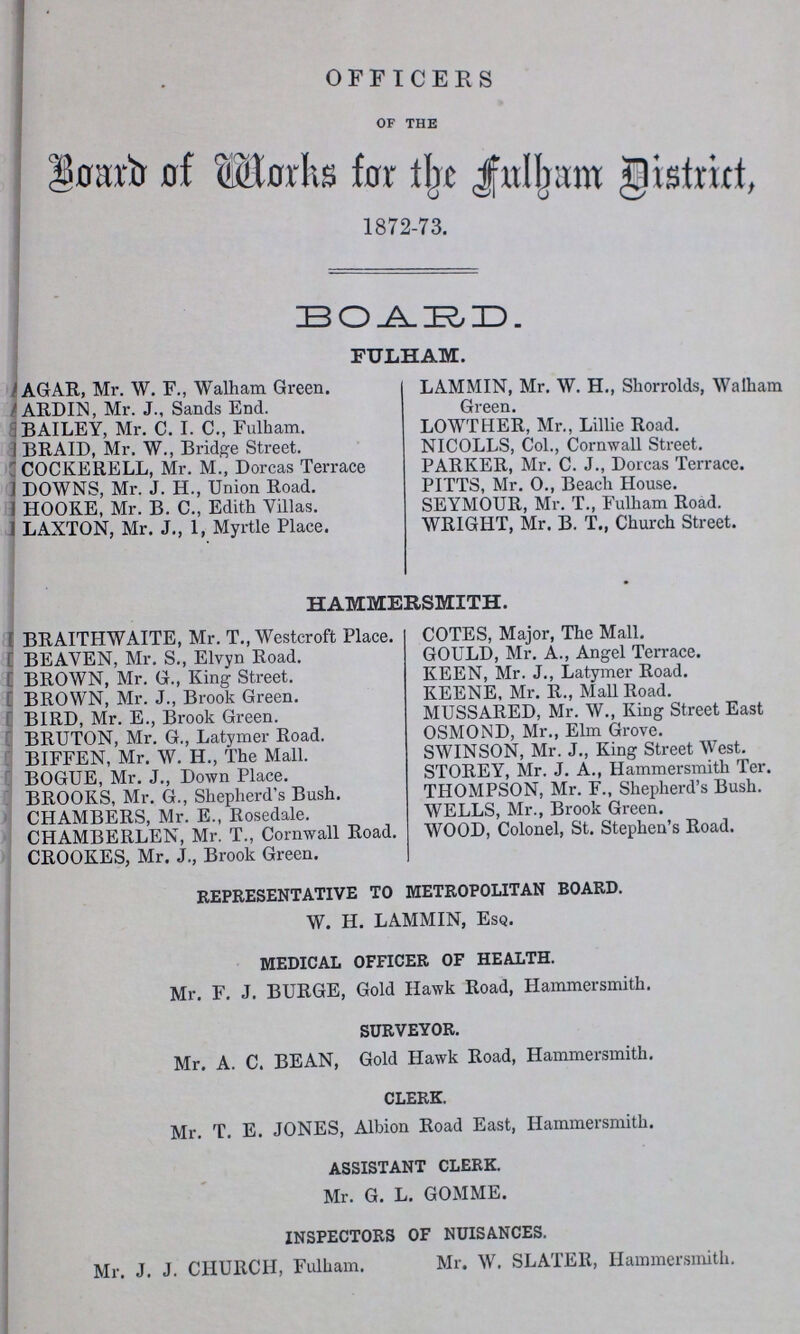 OFFICERS OF THE Board of Works for the fulham District 1872-73. BOARD. FULHAM. AGAR, Mr. W. F., Walham Green. ARDIN, Mr. J., Sands End. BAILEY, Mr. C. I. C., Fulham. BRAID, Mr. W., Bridge Street. COCKERELL, Mr. M., Dorcas Terrace DOWNS, Mr. J. H., Union Road. HOOKE, Mr. B. C., Edith Villas. LAXTON, Mr. J., 1, Myrtle Place. LAMMIN, Mr. W. H., Shorrolds, Walham Green. LOWTHER, Mr., Lillie Road. NICOLLS, Col., Cornwall Street. PARKER, Mr. C. J., Dorcas Terrace. PITTS, Mr. O., Beach House. SEYMOUR, Mr. T., Fulham Road. WRIGHT, Mr. B. T., Church Street. HAMMERSMITH. BRAITHWAITE, Mr. T., Westcroft Place. BEAVEN, Mr. S., Elvyn Road. BROWN, Mr. G., King Street. BROWN, Mr. J., Brook Green. BIRD, Mr. E., Brook Green. BRUTON, Mr. G., Latymer Road. BIFFEN, Mr. W. H., The Mall. BOGUE, Mr. J., Down Place. BROOKS, Mr. G., Shepherd's Bush. CHAMBERS, Mr. E., Rosedale. CHAMBERLEN, Mr. T., Cornwall Road. CROOKES, Mr. J., Brook Green. COTES, Major, The Mall. GOULD, Mr. A., Angel Terrace. KEEN, Mr. J., Latymer Road. KEENE, Mr. R., Mall Road. MUSSARED, Mr. W., King Street East OSMOND, Mr., Elm Grove. SWINSON, Mr. J., King Street West. STOREY, Mr. J. A., Hammersmith Ter. THOMPSON, Mr. F., Shepherd's Bush. WELLS, Mr., Brook Green. WOOD, Colonel, St. Stephen's Road. representative to metropolitan board. W. H. LAMMIN, Esq. medical officer of health. Mr. F. J. BURGE, Gold Hawk Road, Hammersmith. surveyor. Mr. A. C. BEAN, Gold Hawk Road, Hammersmith. clerk. Mr. T. E. JONES, Albion Road East, Hammersmith. assistant clerk. Mr. G. L. GOMME. inspectors of nuisances. Mr. J. J. CHURCH, Fulham. Mr. W. SLATER, Hammersmith.