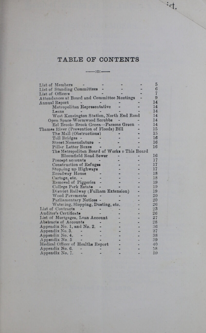 ??? TABLE OF CONTENTS -:o:- List of Members 5 List of Standing Committees 6 List of Officers 7 Attendances at Board and Committee Meetings 9 Annual Report 14 Metropolitan Representative 14 Leans 14 West Kensington Station, North End Road 14 Open Space-Wormwood Scrubbs 14 Eel Brook- Brook Green Parsons Green 14 Thames River (Prevention of Floods) Bill 15 The Mail (Obstructions) 15 Toll Bridges 16 Street Nomenclature 16 Pillar Letter Boxes 16 The Metropolitan Board of Works v This Board Bloomfield Road Sewer 16 Precept accounts 17 Construction of Refuges 17 Stopping up Highways 17 Broadway House 18 Cartage, etc. 18 Removal of Piggeries 19 College Park Estate 19 District Railway (Fulham Extension) 19 Wood Pavements 20 Parliamentary Notices 20 Wate: ing. Slopping, Dusting, etc. 26 List of Contracts 23 Auditor's Certificate 26 List of Mortgages, Loan Account 27 Abstracts of Accounts 28 Appendix No. 1, and No. 2. 36 Appendix No. 3. 37 Appendix No. 4. 38 Appendix No, 5 39 Medical Officer of Healths Report 40 Appendix No. 6. 58 Appendix No. 7. 59