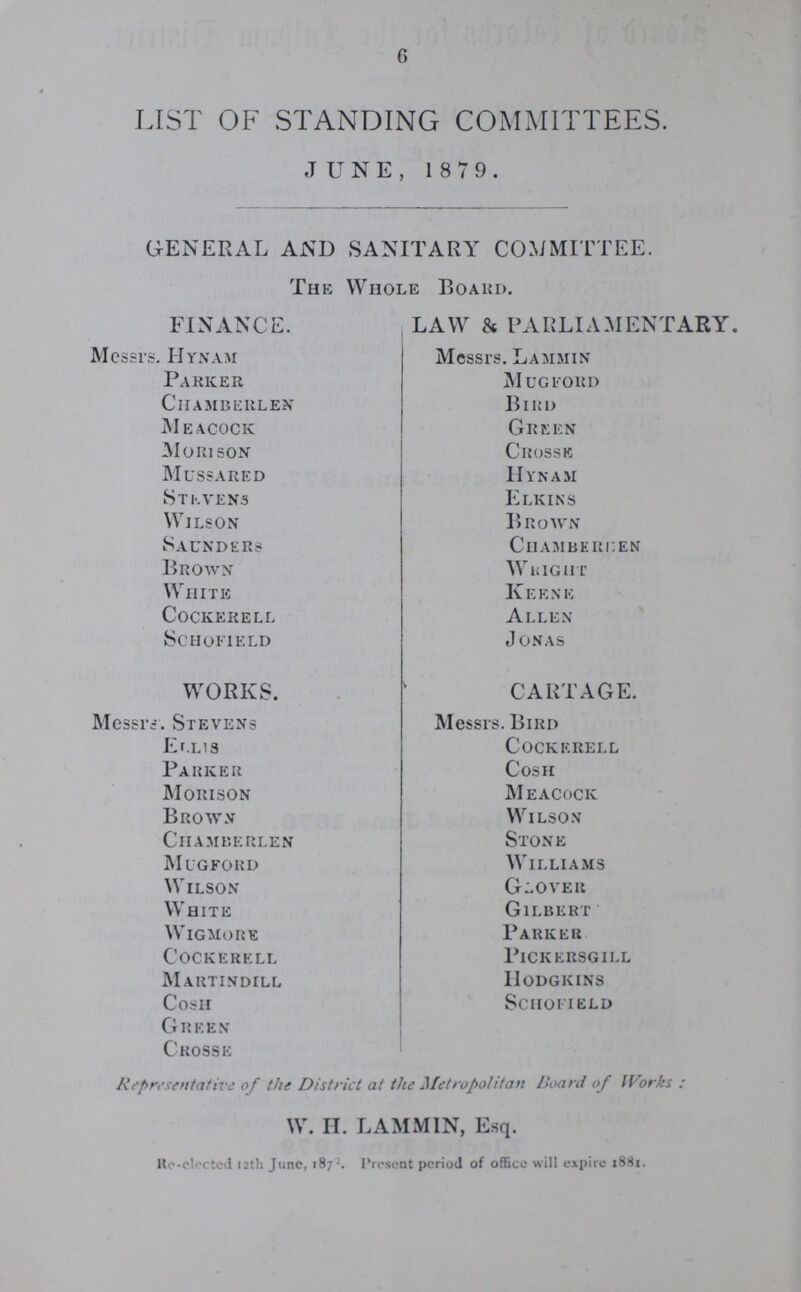 6 LIST OF STANDING COMMITTEES. JUNE,1879. GENERAL AND SANITARY COMMITTEE. The Whole Board. FINANCE. LAW & PARLIAMENTARY. Messrs. Hynam Messrs. Lammin Parker Mugford Chamberlen Bird Meacock Green Morison Crosse Mussared hynam Stevens Elkins Wilson Brown Saunders Chambereen Brown Wright White Keene Cockerell Allen Schofield Jonas WORKS. CARTAGE. Messrs. Stevens Messrs. Bird Ellis Cockerell Parker Cosh Morison Meacock Brown Wilson Chamberlen Stone Mugford Williams Wilson Glover White Gilbert Wigmore Parker Cockerell Pickersgill Martindill Hodgkins Cosh Schofield green Crosse Representative of the District at the Metropolitan Board of Works: W. H. LAMMIN, Esq. Re-elected 12th June, 1872. Present period of office will expire 1881.