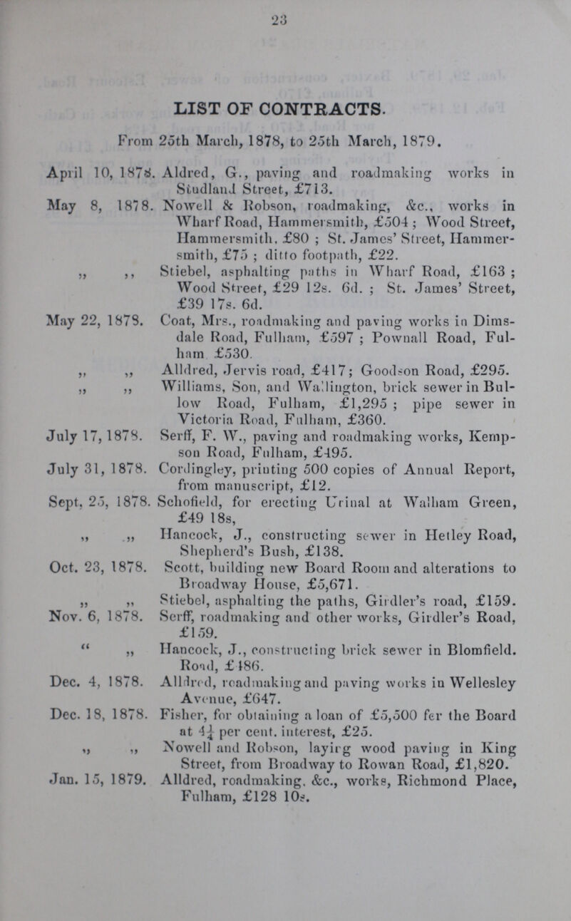 '23 LIST OF CONTRACTS. From 25th March, 1878, to 2.5th March, 1879. April 10, 1878. Aldred, G., paving and roadmaking works in Studland Street, £713. May 8, 187 8. Nowell & Robson, roadmaking, &c., works in Wharf Road, Hammersmith, £.504 ; Wood Street, Hammersmith, £80 ; St. James' Street, Hammer smith, £75 ; ditto footpath, £22. ,, ,, Stiebel, asphalting paths in Wharf Road, £163 ; Wood Street, £29 12s. 6d. ; St. James' Street, £39 17s. 6d. May 22, 1878. Coat, Mrs., roadmaking and paving works in Dims dale Road, Fulham, £597 ; Pownall Road, Ful ham £530 ,, ,, Alldred, Jervis road, £417; Goodson Road, £295. ,, ,, Williams, Son, and Wa'.lington, brick sewer in Bul low Road, Fulham, £1,295 ; pipe sewer in Victoria Road, Fulham, £360. July 17, 1878. Serff, F. W., paving and roadmaking works, Kemp son Road, Fulham, £495. July 31, 1878. Cordingley, printing 500 copies of Annual Report, from manuscript, £12. Sept. 25, 1878. Schofield, for erecting Urinal at Walham Green, £49 18s, „ „ Hancock, J., constructing sewer in Hetley Road, Shepherd's Bush, £138. Oct. 23, 1878. Scott, building new Board Room and alterations to Broadway House, £5,671. „ „ Stiebel, asphalting the paths, Girdler's road, £159. Nov. 6, 1878. Serff, roadmaking and other works, Girdler's Road, £159. „ Hancock, J., constructing brick sewer in Blomfield. Rond, £ 486. Dec. 4, 1878. Alldred, roadmaking and paving works in Wellesley Avenue, £647. Dec. 18, 1878. Fisher, for obtaining a loan of £5,500 fer the Board at 4¼ per cent. interest, £25. „ „ Nowell and Robson, layirg wood paving in King Street, from Broadway to Rowan Road, £1,820. Jan. 15, 1879. Alldred, roadmaking. &c., works, Richmond Place, Fulham, £128 10?.