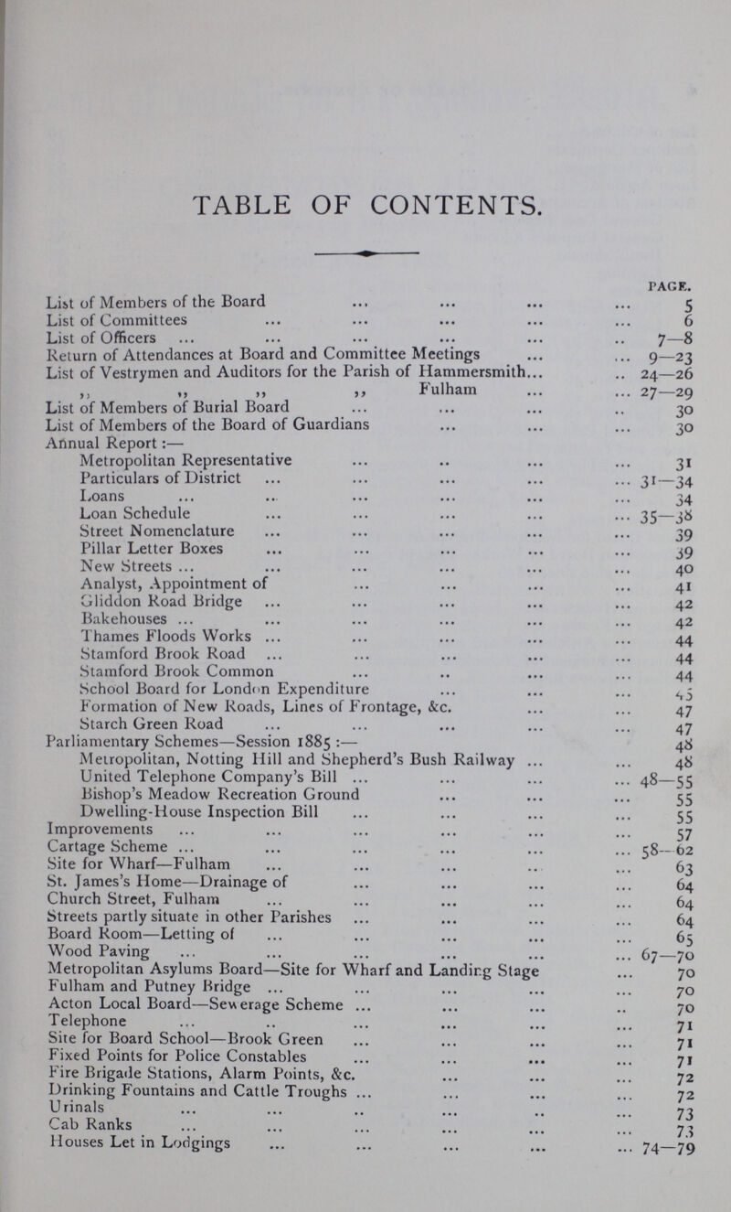 TABLE OF CONTENTS. page. List of Members of the Board 5 List of Committees 6 List of Officers 7—8 Return of Attendances at Board and Committee Meetings 9—23 List of Vestrymen and Auditors for the Parish of Hammersmith 24—26 ,, ,, ,, ,, Fulham 27—29 List of Members of Burial Board 30 List of Members of the Board of Guardians 30 Annual Report:— Metropolitan Representative 31 Particulars of District 31—34 Loans 34 Loan Schedule 35—38 Street Nomenclature 39 Pillar Letter Boxes 39 New Streets 40 Analyst, Appointment of 41 Gliddon Road Bridge 42 Bakehouses 42 Thames Floods Works 44 Stamford Brook Road 44 Stamford Brook Common 44 School Board for London Expenditure 45 Formation of New Roads, Lines of Frontage, &c. 47 Starch Green Road 47 Parliamentary Schemes—Session 1885 :— 48 Metropolitan, Notting Hill and Shepherd's Bush Railway 48 United Telephone Company's Bill 48—55 Bishop's Meadow Recreation Ground 55 Dwelling-House Inspection Bill 55 Improvements 57 Cartage Scheme 58— 62 Site for Wharf—Fulham 63 St. James's Home—Drainage of 64 Church Street, Fulham 64 Streets partly situate in other Parishes 64 Board Room—Letting of 65 Wood Paving 67—70 Metropolitan Asylums Board— Site for Wharf and Landing Stage 70 Fulham and Putney Bridge 70 Acton Local Board—Sewerage Scheme 70 Telephone 71 Site for Board School—Brook Green 71 Fixed Points for Police Constables 71 Fire Brigade Stations, Alarm Points, &c. 72 Drinking Fountains and Cattle Troughs 72 Urinals 7-3 Cab Ranks 73 Houses Let in Lodgings 74—79
