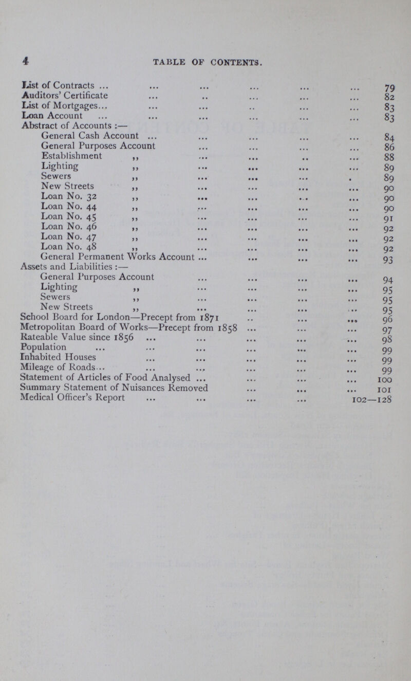 4 TABLE OF CONTENTS. List of Contracts 79 Auditors'Certificate 82 List of Mortgages 83 Loan Account 83 Abstract of Accounts :— General Cash Account 84 General Purposes Account 86 Establishment ,, 88 Lighting „ 89 Sewers ,, 89 New Streets ,, 90 Loan No. 32 ,, 90 Loan No. 44 ,, 90 Loan No. 45 ,, 91 Loan No. 46 ,, 92 Loan No. 47 „ 92 Loan No. 48 ,, 92 General Permanent Works Account 93 Assets and Liabilities :— General Purposes Account 94 Lighting „ 95 Sewers ,, 95 New Streets ,, 95 School Board for London—Precept from 1871 96 Metropolitan Board of Works—Precept from 1858 97 Rateable Value since 1856 98 Population 99 Inhabited Houses 99 Mileage of Roads 99 Statement of Articles of Food Analysed 100 Summary Statement of Nuisances Removed 101 Medical Officer's Report 102—128