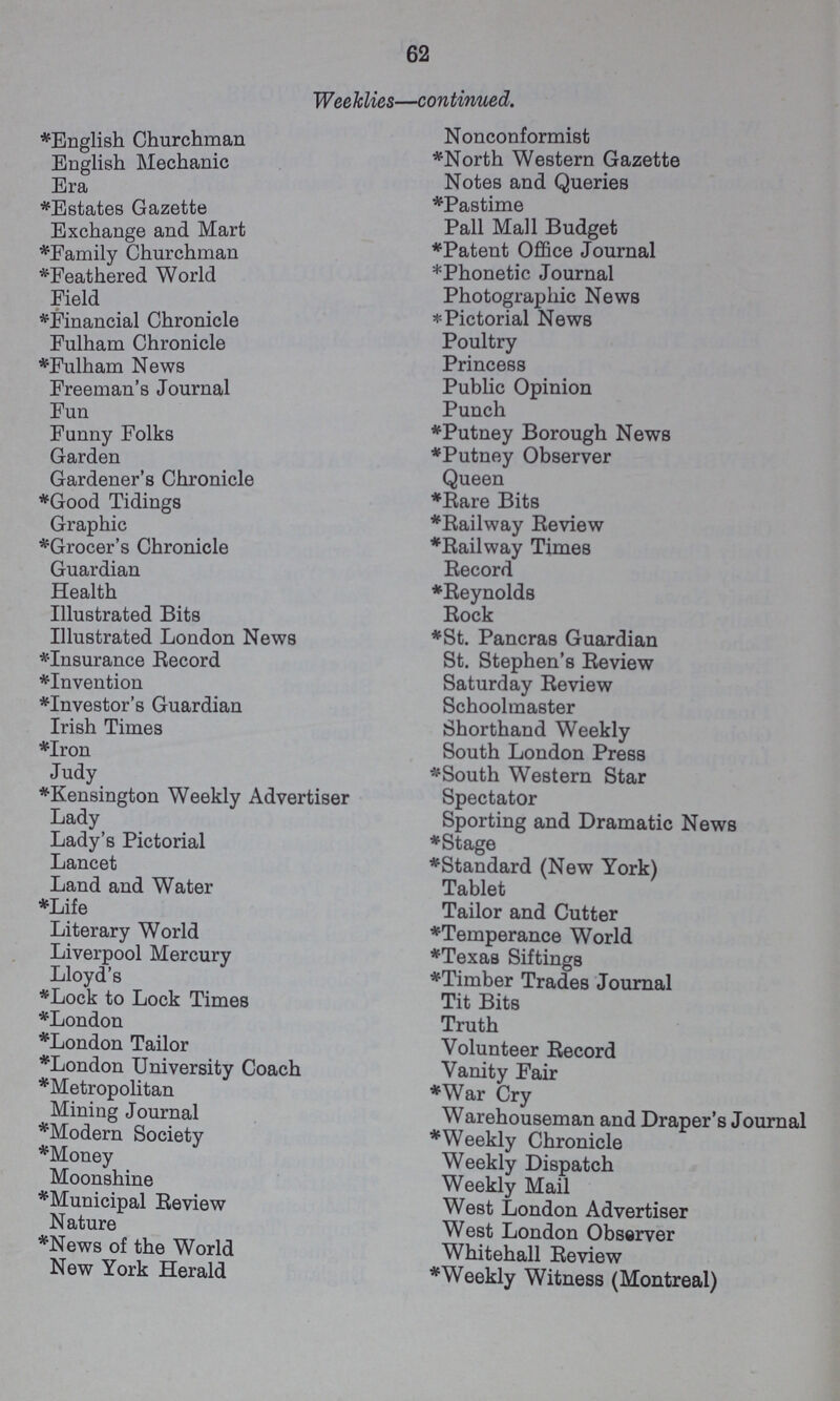 62 Weeklies—continued. *English Churchman English Mechanic Era *Estates Gazette Exchange and Mart *Family Churchman *Feathered World Field *Financial Chronicle Fulham Chronicle *Fulham News Freeman's Journal Fun Fanny Folks Garden Gardener's Chronicle *Good Tidings Graphic *Grocer's Chronicle Guardian Health Illustrated Bits Illustrated London News *Insurance Record *Invention *Investor's Guardian Irish Times *Iron Judy *Kensington Weekly Advertiser Lady Lady's Pictorial Lancet Land and Water *Life Literary World Liverpool Mercury Lloyd's *Lock to Lock Times *London *London Tailor *London University Coach *Metropolitan Mining Journal *Modern Society *Money Moonshine *Municipal Review Nature *News of the World New York Herald Nonconformist *North Western Gazette Notes and Queries *Pastime Pall Mall Budget *Patent Office Journal *Phonetic Journal Photographic News * Pictorial News Poultry Princess Public Opinion Punch *Putney Borough News *Putney Observer Queen *Rare Bits *Railway Review *Railway Times Record *Reynolds Rock *St. Pancras Guardian St. Stephen's Review Saturday Review Schoolmaster Shorthand Weekly South London Press *South Western Star Spectator Sporting and Dramatic News *Stage *Standard (New York) Tablet Tailor and Cutter *Temperance World *Texas Siftings *Timber Trades Journal Tit Bits Truth Volunteer Record Vanity Fair *War Cry Warehouseman and Draper's Journal *Weekly Chronicle Weekly Dispatch Weekly Mail West London Advertiser West London Observer Whitehall Review *Weekly Witness (Montreal)