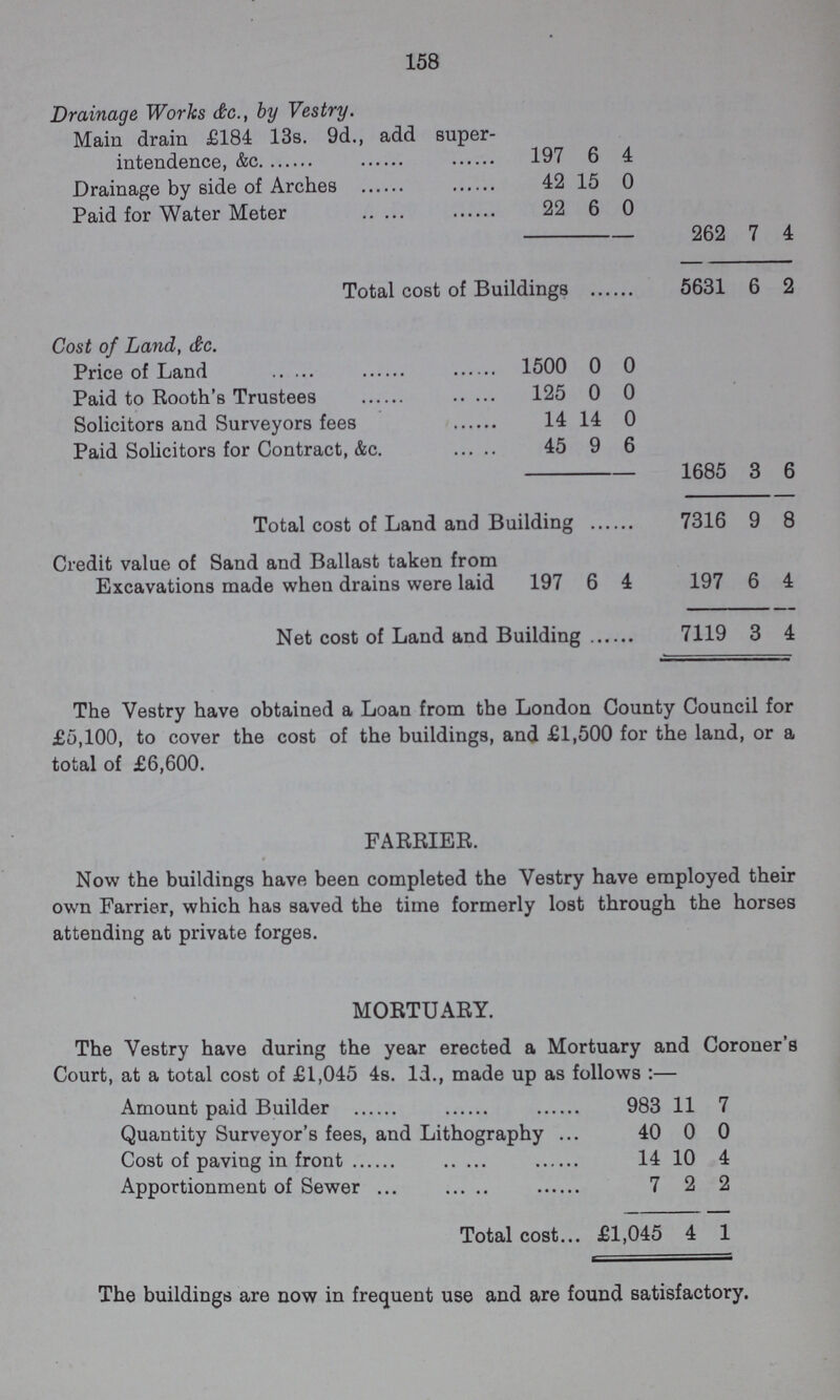 158 Drainage Works &c., by Vestry. Main drain £184 13s. 9d., add super¬ intendence, &c. 197 6 4 Drainage by side of Arches 42 15 0 Paid for Water Meter 22 6 0 262 7 4 Total cost of Buildings 5631 6 2 Cost of Land, &c. Price of Land 1500 0 0 Paid to Rooth's Trustees 125 0 0 Solicitors and Surveyors fees 14 14 0 Paid Solicitors for Contract, &c. 45 9 6 1685 3 6 Total cost of Land and Building 7316 9 8 Credit value of Sand and Ballast taken from Excavations made when drains were laid 197 6 4 197 6 4 Net cost of Land and Building 7119 3 4 The Vestry have obtained a Loan from the London County Council for £5,100, to cover the cost of the buildings, and £1,500 for the land, or a total of £6,600. FARRIER. Now the buildings have been completed the Vestry have employed their own Farrier, which has saved the time formerly lost through the horses attending at private forges. MORTUARY. The Vestry have during the year erected a Mortuary and Coroner's Court, at a total cost of £1,045 4s. Id., made up as follows:— Amount paid Builder 983 11 7 Quantity Surveyor's fees, and Lithography 40 0 0 Cost of paving in front 14 10 4 Apportionment of Sewer 7 2 2 Total cost £1,045 4 1 The buildings are now in frequent use and are found satisfactory.