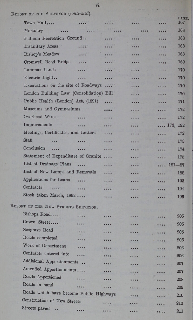 vi. Report of the Surveyor (continued). page. Town Hall 167 Mortuary 168 Fulham Recreation Ground 168 Insanitary Areas 168 Bishop's Meadow 168 Cromwell Road Bridge 169 Lammas Lands 170 Electric Light 170 Excavations on the site of Roadways 170 London Building Law (Consolidation) Bill 170 Public Health (London) Act, (1891) 171 Museums and Gymnasiums 172 Overhead Wires 172 Improvements 173, 192 Meetings, Certificates, and Letters 172 Staff 173 Conclusion 174 Statement of Expenditure of Granite 175 List of Drainage Plans 181—87 List of New Lamps and Removals 188 Applications for Loans 193 Contracts 194 Stock taken March, 1892 195 Report of the New Streets Surveyor. Bishops Road 205 Crown Street 205 Seagrave Road 205 Roads completed 205 Work of Department 206 Contracts entered into 206 Additional Apportionments 207 Amended Apportionments 207 Roads Apportioned 208 Roads in hand 209 Roads which have become Public Highways 210 Construction of New Streets 210 Streets paved 211