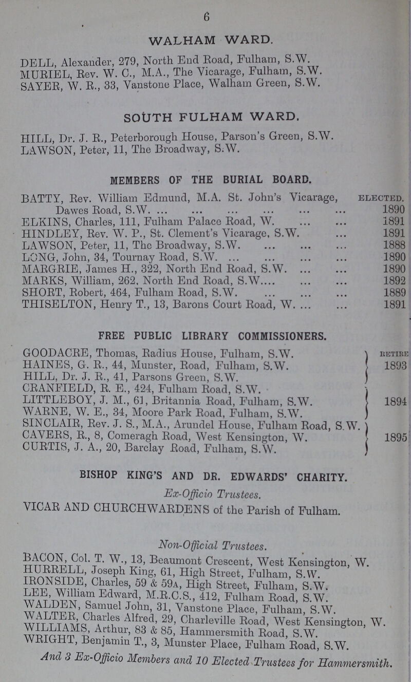 6 WALHAM WARD. DELL, Alexander, 279, North End Road, Fulham, S.W MURIEL, Rev. W. 0., M.A., The Vicarage, Fulham, S.W. SAYER, W. R., 33, Yanstone Place, Walham Green, S.W. SOUTH FULHAM WARD. HILL, Dr. J. R., Peterborough House, Parson's Green, S.W. LAWSON, Peter, 11, The Broadway, S.W. MEMBERS OF THE BURIAL BOARD. BATTY, Rev. William Edmund, M.A. St. John's Vicarage, elected. Dawes Road, S.W. 1890 ELKINS, Charles, 111, Fulham Palace Road, W 1891 HINDLEY, Rev. W. P., St. Clement's Vicarage, S.W. 1891 LAWSON, Peter, 11, The Broadway, S.W 1888 LONG, John, 34, Tournay Road, S.W 1890 MARGRIE, James H., 322, North End Road, S.W 1890 MARKS, William, 262, North End Road, S.W 1892 SHORT, Robert, 464, Fulham Road, S.W 1889 THISELTON, Henry T., 13, Barons Court Road, W 1891 FREE PUBLIC LIBRARY COMMISSIONERS. GOODACRE, Thomas, Radius House, Fulham, S.W. retire HAINES, G. R., 44, Minister, Road, Fulham, S.W. 1893 HILL, Dr. J. R., 41, Parsons Green, S.W. CRANFIELD, R. E., 424, Fulham Road, S.W. LITTLEBOY, J. M., 63, Britannia Road, Fulham, S.W. 1894 WARNE, W. E., 34, Moore Park Road, Fulham, S.W. SINCLAIR, Rev. J. S., M.A., Arundel House, Fulham Road, S.W. CAVERS, R., 8, Comeragh Road, West Kensington, W. 1895 CURTIS, J. A., 20, Barclay Road, Fulham, S.W. BISHOP KING'S AND DR. EDWARDS' CHARITY. Ex-Officio Trustees. VICAR AND CHURCHWARDENS of the Parish of Fulham. Non-Official Trustees. BACON, Col. T. W., 13, Beaumont Crescent, West Kensington, W. HURRELL, Joseph King, 61, High Street, Fulham, S.W. IRONSIDE, Charles, 59 & 59a, High Street, Fulham, S.W. LEE, William Edward, M.R.C.S., 412, Fulham Road, S.W. WALDEN, Samuel John, 31, Vanstone Place, Fulham, S.W. Charles Alfred, 29, Charleville Road, West Kensington, W. WILLIAMS, Arthur, 83 & 85, Hammersmith Road, S.W. WRIGHT, Benjamin T., 3, Munster Place, Fulham Road, S.W. And 3 Ex-Officio Members and 10 Elected Trustees for Hammer smith.