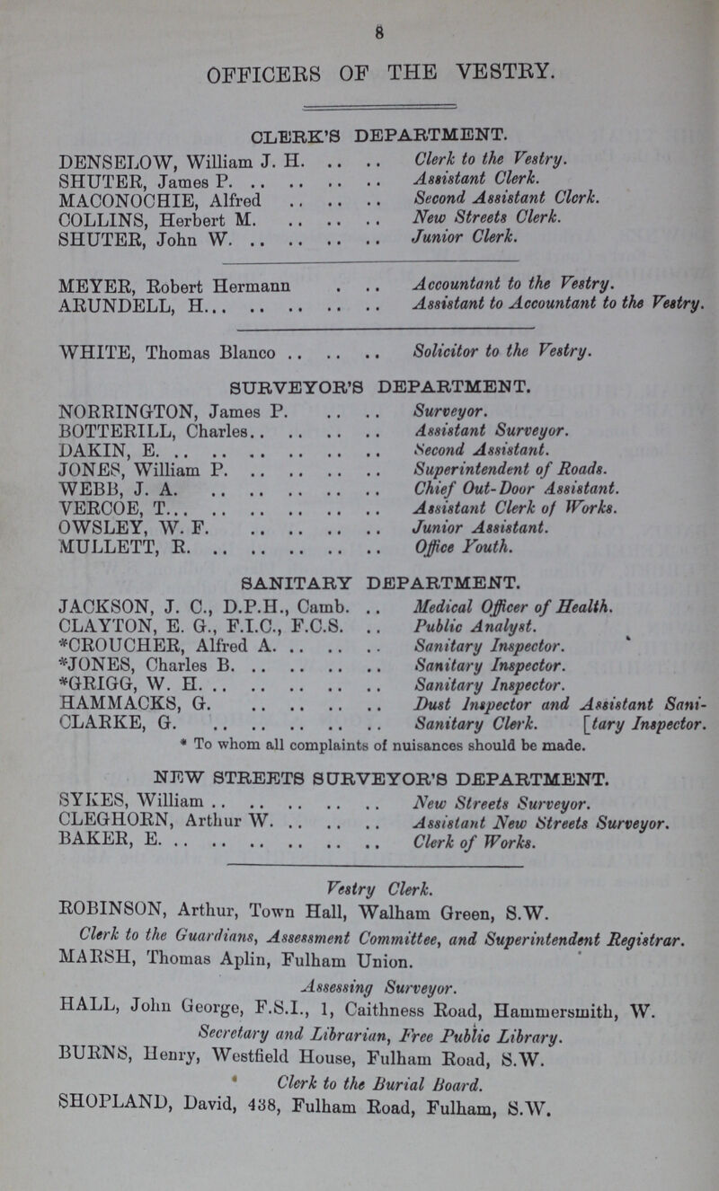 8 OFFICERS OF THE VESTRY. CLERK'S DEPARTMENT. DENSELOW, William J. H Clerk to the Vestry. SHUTER, James P Assistant Clerk. MACONOCHIE, Alfred Second Assistant Clerk. COLLINS, Herbert M New Streets Clerk. SHUTER, John W Junior Clerk. MEYER, Robert Hermann Accountant to the Vestry. ARUNDELL, H Assistant to Accountant to the Vestry. WHITE, Thomas Blanco Solicitor to the Vestry. SURVEYOR'S DEPARTMENT. NORRINGTON, James P. Surveyor. BOTTERILL, Charles Assistant Surveyor. DAKIN, E Second Assistant. JONES, William P Superintendent of Roads. WEBB, J. A Chief Out-Door Assistant. VERCOE, T Assistant Clerk of Works. OWSLEY, W. F. Junior Assistant. MULLETT, R Office Youth. SANITARY DEPARTMENT. JACKSON, J. C., D.P.H., Camb. Medical Officer of Health. CLAYTON, E. G., F.I.C., F.C.S. Public Analyst. *CROUCHER, Alfred A Sanitary Inspector. *JONES, Charles B Sanitary Inspector. *GRIGG, W. H Sanitary Inspector. HAMMACKS, G. Dust Inspector and Assistant Sani- CLARKE, G Sanitary Clerk. \tary Inspector. * To whom all complaints of nuisances should be made. NEW STREETS SURVEYOR'S DEPARTMENT. SYKES, William New Streets Surveyor. CLEGHORN, Arthur W Assistant New Streets Surveyor. BAKER, E Clerk of Works. Vestry Clerk. ROBINSON, Arthur, Town Hall, Walham Green, S.W. Clerk to the Guardians, Assessment Committee, and Superintendent Registrar. MARSH, Thomas Aplin, Fulham Union. Assessing Surveyor. HALL, John George, F.S.I., 1, Caithness Road, Hammersmith, W. Secretary and Librarian, Free Public Library. BURNS, Henry, Westfield House, Fulham Road, S.W. Clerk to the Burial Board. SHOPLAND, David, 438, Fulham Road, Fulham, S.W.