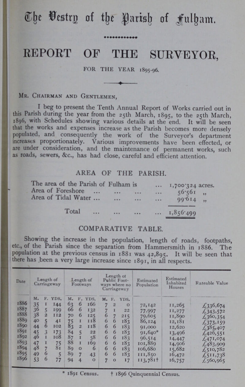 The Vestry of the Parish of fulham. REPORT OF THE SURVEYOR, FOR THE YEAR 1895.96. Mr. Chairman and Gentlemen, I beg to present the Tenth Annual Report of Works carried out in this Parish during the year from the 25th March, 1895, to the 25th March, 1896, with Schedules showing various details at the end. It will be seen that the works and expenses increase as the Parish becomes more densely populated, and consequently the work of the Surveyor's department increasts proportionately. Various improvements have been effected, or are under consideration, and the maintenance of permanent works, such as roads, sewers, &c., has had close, careful and efficient attention. AREA OF THE PARISH. The area of the Parish of Fulham is 1,700 324 acres. Area of Foreshore 56.561 „ Area of Tidal Water 99.614 „ Total 1,856.499 COMPARATIVE TABLE. Showing the increase in the population, length of roads, footpaths, etc., of the Parish since the separation from Hammersmith in 1886. The population at the previous census in 1881 was 42,895. It will be seen that there has been a very large increase since 1891, in all respects. Date length of Carriageway Length of Footways Length ot Public Foot ways where no Carriage way Estimated Population Estimated Inhnhited Houses Rateable Value M. F. YDS. M. F. YDS. M. F. YDS. 1886 35 1 144 63 6 166 7 2 0 72,142 11,265 £336,674 1887 36 5 199 66 6 132 7 1 22 77,997 11,277 £343,572 1888 38 2 112 70 6 125 6 7 215 79,605 11,890 £360,354 1889 40 5 41 75 1 115 6 6 183 86,124 12,l8l £373,159 1890 44 6 102 83 2 1l8 6 6 183 91,000 12,620 £385,407 1891 45 3 173 84 5 22 6 6 183 91,640* 13,496 £426,551 1892 46 1 108 87 1 58 6 6 183 96,514 14,447 £471,074 1893 47 1 75 88 1 169 6 6 183 101,889 14,906 £483,909 1894 48 7 81 89 0 6 6 6 183 106,680 15,682 £510,782 1895 49 6 5 89 7 43 6 6 183 111,850 16,472 £511,738 1896 53 6 77 94 4 0 7 0 17 113,781† 16,757 £560,965 * 1891 Census. † 1896 Quinquennial Census.