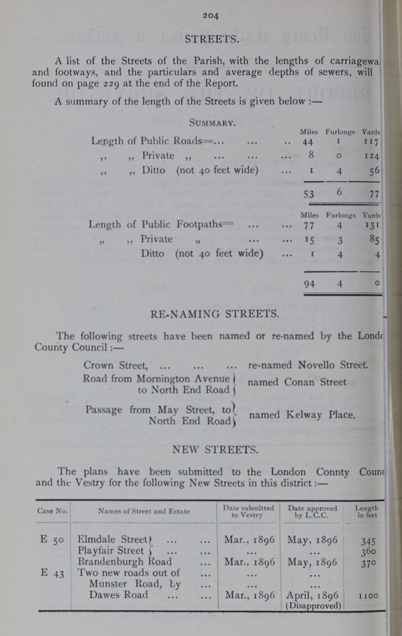 204 STREETS. A list of the Streets of the Parish, with the lengths of carriagewa and footways, and the particulars and average depths of sewers, will found on page 229 at the end of the Report. A summary of the length of the Streets is given below:— Summary. Miles Furlongs Yards Length of Public Roads= 44 1 117 ,, ,, Private ,, 8 0 124 ,, „ Ditto (not 40 feet wide) 1 4 56 53 6 77 Miles Furlongs Yards Length of Public Footpaths= 77 4 31 „ ,, Private „ 15 3 85 Ditto (not 40 feet wide) 1 4 4 94 4 0 RE-NAMING STREETS. The following streets have been named or re-named by the Lorn County Council:— Crown Street, re-named Novello Street Road from Mornington Avenue to North End Road named Conan Street Passage from May Street, to North End Road named Kelway Place. NEW STREETS. The plans have been submitted to the London Connty Coun??? and the Vestry for the following New Streets in this district:— Case No. Names of Street and Estate Date submitted to Vestry Date approved by L.C.C. Length in feet E 50 Elmdale Street Mar., 1806 May, 1896 345 Play fair Street ... ... 360 Brandenburgh Road Mar., 1896 May, 1896 370 E 43 Two new roads out of ... ... ... Munster Road, by ... ... ... Dawes Road Mar., 1896 April, 1896 (Disapproved) 1100