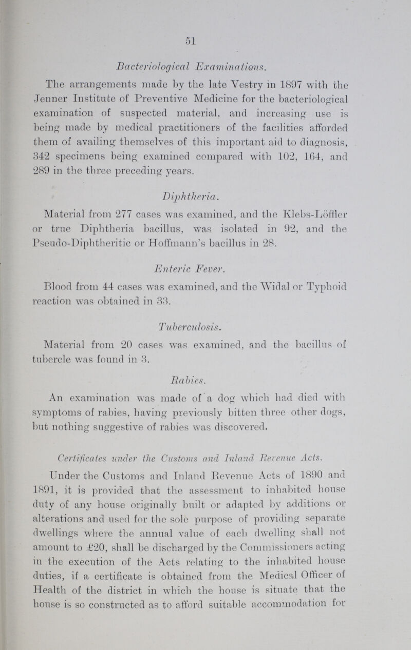 51 Bacteriological Examinations. The arrangements made by the late Vestry in 1897 with the Tenner Institute of Preventive Medicine for the bacteriological examination of suspected material, and increasing use is being made by medical practitioners of the facilities afforded them of availing themselves of this important aid to diagnosis, 342 specimens being examined compared with 102, 104, and 289 in the three preceding years. Diphtheria. Material from 277 cases was examined, and the Klebs-Loffier or true Diphtheria bacillus, was isolated in 92, and the Pseudo-Diphtheritic or Hoffmann's bacillus in 28. Enteric Fever. Blood from 44 cases was examined, and the Widal or Typhoid reaction was obtained in 33. Tuberculosis. Material from 20 cases was examined, and the bacillus of tubercle was found in 3. Rabies. An examination was made of a dog which had died with symptoms of rabies, having previously bitten three other dogs, but nothing suggestive of rabies was discovered. Certificates under the Customs and Inland Revenue Acts. Under the Customs and Inland Revenue Acts of 1890 and 1891, it is provided that the assessment to inhabited house duty of any house originally built or adapted by additions or alterations and used for the sole purpose of providing separate dwellings where the annual value of each dwelling shall not amount to .£20, shall be discharged by the Commissioners acting in the execution of the Acts relating to the inhabited house duties, if a certificate is obtained from the Medical Officer of Health of the district in which the house is situate that the house is so constructed as to afford suitable accommodation for