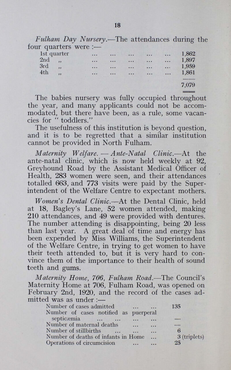 18 Fulham Day Nursery.—The attendances during the four quarters were:— 1st quarter 1,862 2nd „ 1,897 3rd ,, 1,959 4th „ 1,861 7,079 The babies nursery was fully occupied throughout the year, and many applicants could not be accom modated, but there have been, as a rule, some vacan cies for toddlers. The usefulness of this institution is beyond question, and it is to be regretted that a similar institution cannot be provided in North Fulham. Maternity Welfare.—Ante-Natal Clinic.—At the ante-natal clinic, which is now held weekly at 92, Greyhound Road by the Assistant Medical Officer of Health, 283 women were seen, and their attendances totalled 663, and 773 visits were paid by the Super intendent of the Welfare Centre to expectant mothers. Women's Dental Clinic.—At the Dental Clinic, held at 18, Bagley's Lane, 52 women attended, making 210 attendances, and 49 were provided with dentures. The number attending is disappointing, being 20 less than last year. A great deal of time and energy has been expended by Miss Williams, the Superintendent of the Welfare Centre, in trying to get women to have their teeth attended to, but it is very hard to con vince them of the importance to their health of sound teeth and gums. Maternity Home, 706, Fulham Road.—The Council's Maternity Home at 706, Fulham Road, was opened on February 2nd, 1920, and the record of the cases ad mitted was as under:— Number of cases admitted 135 Number of cases notified as puerperal septicœmia — Number of maternal deaths — Number of stillbirths 6 Number of deaths of infants in Home 3 (triplets) Operations of circumcision 25