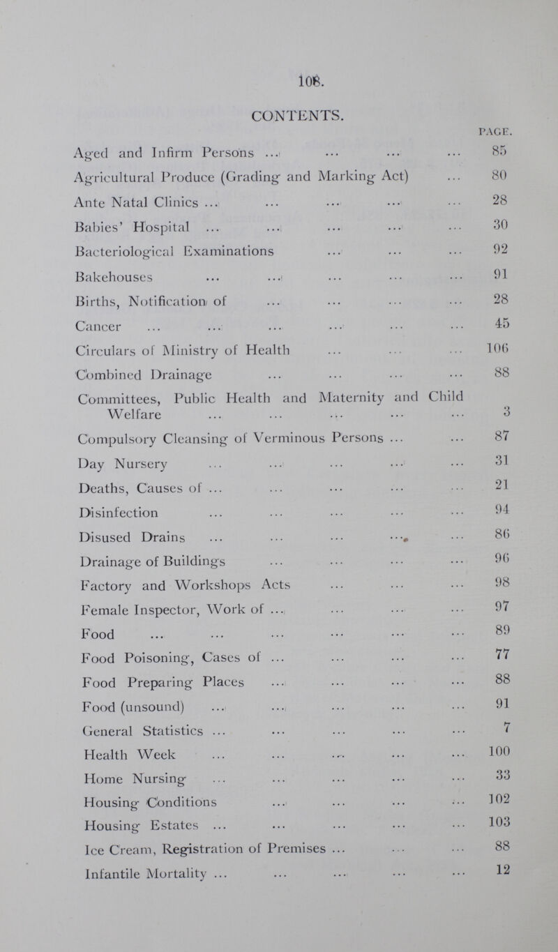 108. CONTENTS. PAGE Aged and Infirm Persons 85 Agricultural Produce (Grading and Marking Act) 80 Ante Natal Clinics 28 Babies' Hospital 30 Bacteriological Examinations 92 Bakehouses 91 Births, Notification of 28 Cancer 45 Circulars of Ministry of Health 106 Combined Drainage 88 Committees, Public Health and Maternity and Child Welfare 3 Compulsory Cleansing of Verminous Persons 87 Day Nursery 31 Deaths, Causes of 21 Disinfection 94 Disused Drains 86 Drainage of Buildings 96 Factory and Workshops Acts 98 Female Inspector, Work of 97 Food 89 Food Poisoning, Cases of 77 Food Preparing Places 88 Food (unsound) 91 General Statistics 7 Health Week 100 Home Nursing 33 Housing Conditions 102 Housing Estates 103 Ice Cream, Registration of Premises 88 Infantile Mortality 12