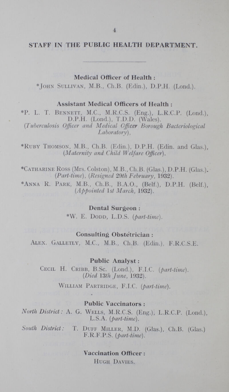 4 STAFF IN THE PUBLIC HEALTH DEPARTMENT. Medical Officer of Health : *John Sullivan, M.B., Ch.B. (Edin.), D.P.H. (Lond.). Assistant Medical Officers of Health: *P. L. T. Bennett, M.C., M.R.C.S. (Eng.), L.R.C.P. (Lond.), D.P.H. (Lond.), T.D.D. (Wales). (Tuberculosis Officer and Medical Officer Borough Bacteriological Laboratory), *Ruby Thomson, M.B., Ch.B. (Edin.), D.P.H. (Edin. and Glas.), (Maternity and Child Welfare Officer). *Catharine Ross (Mrs. Colston), M.B., Ch.B. (Glas.), D.P.H. (Glas.). {Part-time), [Resigned 29th February, 1932). *Anna R. Park, M.B., Ch.B., B.A.O., (Belf.), D.P.H. (Belf.), [Appointed 1st March, 1932). Dental Surgeon: *W. E. Dodd, L.D.S. (part-time). Consulting Obstetrician: Alex. Galletly, M.C., M.B., Ch.B. (Edin.), E.R.C.S.E. Public Analyst: Cecil H. Cribb, B.Sc. (Lond.), F.I.C. (part-time). [Died YMh June, J932). William Partridge, F.I.C. (part-time). Public Vaccinators: North District: A. G. Wells, M.R.C.S. (Eng.), L.R.C.P. (Lond.), L.S.A. (part-time). South District: T. Duff Miller, M.D. (Glas.), Ch.B. (Glas.) F.R.F.P.S. [part-time). Vaccination Officer: Hugh Davies.