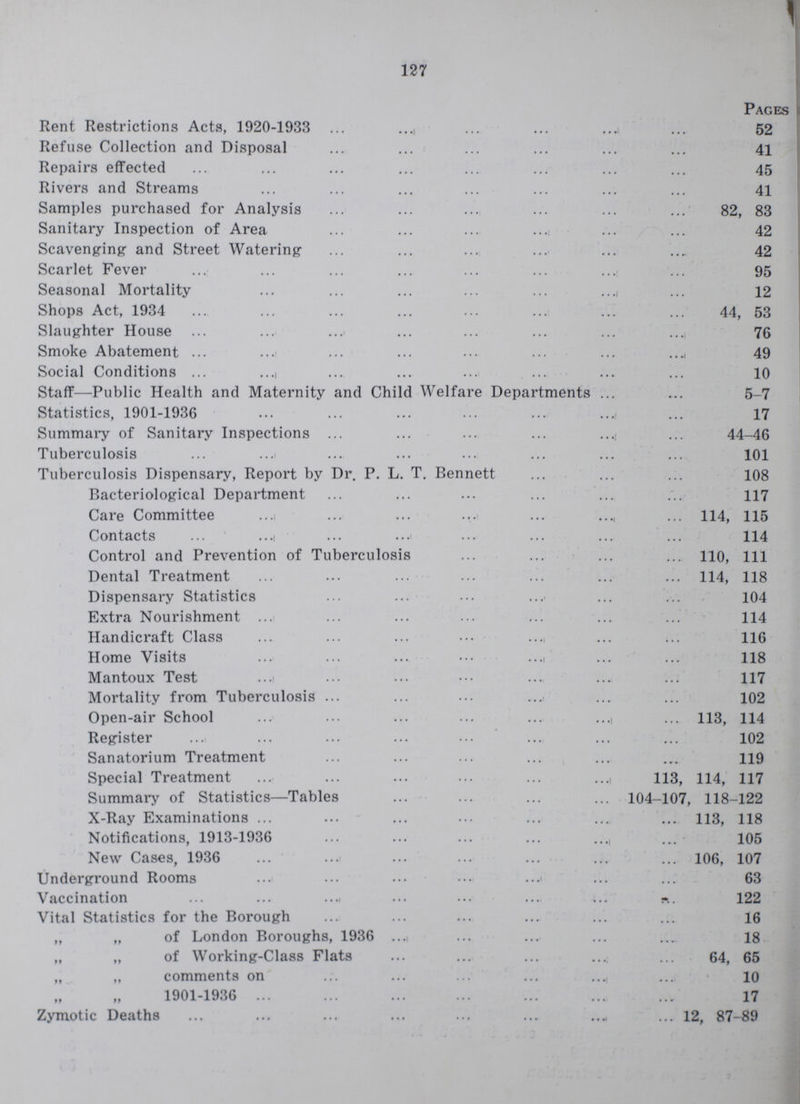 127 Pages Rent Restrictions Acts, 1920-1933 52 Refuse Collection and Disposal 41 Repairs effected 45 Rivers and Streams 41 Samples purchased for Analysis 82, 83 Sanitary Inspection of Area 42 Scavenging and Street Watering 42 Scarlet Fever 95 Seasonal Mortality 12 Shops Act, 1934 44, 53 Slaughter House 76 Smoke Abatement 49 Social Conditions 10 Staff—Public Health and Maternity and Child Welfare Departments 5-7 Statistics, 1901-1936 17 Summary of Sanitary Inspections 44-46 Tuberculosis 101 Tuberculosis Dispensary, Report by Dr. P. L. T. Bennett 108 Bacteriological Department 117 Care Committee 114, 115 Contacts 114 Control and Prevention of Tuberculosis 110, 111 Dental Treatment 114, 118 Dispensary Statistics 104 Extra Nourishment 114 Handicraft Class 116 Home Visits 118 Mantoux Test 117 Mortality from Tuberculosis 102 Open-air School 113, 114 Register 102 Sanatorium Treatment 119 Special Treatment 113, 114, 117 Summary of Statistics—Tables 104-107, 118-122 X-Ray Examinations 113, 118 Notifications, 1913-1936 105 New Cases, 1936 106, 107 Underground Rooms 63 Vaccination 122 Vital Statistics for the Borough 16 „ „ of London Boroughs, 1936 18 „ „ of Working-Class Flats 64, 65 „ „ comments on 10 1901-1936 17 Zymotic Deaths 12, 87-89