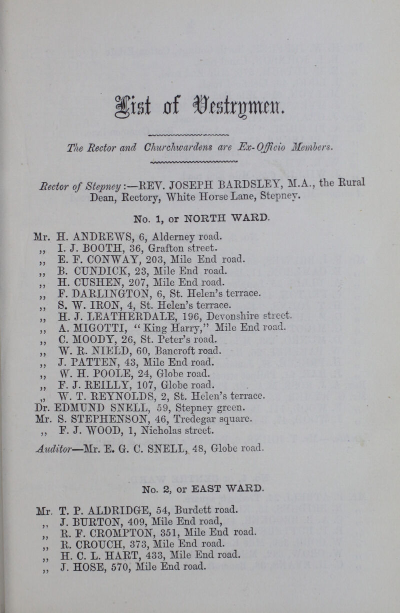 List of Uestrgmen. The Rector and Churchwardens are Ex- Officio Members. Rector of Stepney:—REY. JOSEPH BARDSLEY, M.A., the Rural Dean, Rectory, White Horse Lane, Stepney. No. 1, or NORTH WARD. Mr. H. ANDREWS, 6, Alderney road. „ I. J. BOOTH, 36, Grafton street. „ E. E. CONWAY, 203, Mile End road. „ B. CUNDICK, 23, Mile End road. „ H. CUSHEN, 207, Mile End road. „ E. DARLINGTON, 6, St. Helen's terrace. „ S. W. IRON, 4, St. Helen's terrace. „ H. J. LEATHERDALE, 196, Devonshire street. „ A. MIGOTTI, King Harry, Mile End road. „ C. MOODY, 26, St. Peter's road. „ W. R. NIELD, 60, Bancroft road. „ J. PATTEN, 43, Mile End road. „ W. H. POOLE, 24, Globe road. „ F. J. REILLY, 107, Globe road. „ W. T. REYNOLDS, 2, St. Helen's terrace. Dr. EDMUND SNELL, 59, Stepney green. Mr. S. STEPHENSON, 46, Tredegar square. „ F. J. WOOD, 1, Nicholas street. Auditor—Mr. E. G. C. SNELL, 48, Globe road. No. 2, or EAST WARD. Mr. T. P. ALDRIDGE, 54, Burdett road. „ J. BURTON, 409, Mile End road, „ R. E. CROMPTON, 351, Mile End road. „ R. CROUCH, 373, Mile End road. „ H. C. L. HART, 433, Mile End road. „ J. HOSE, 570, Mile End road.