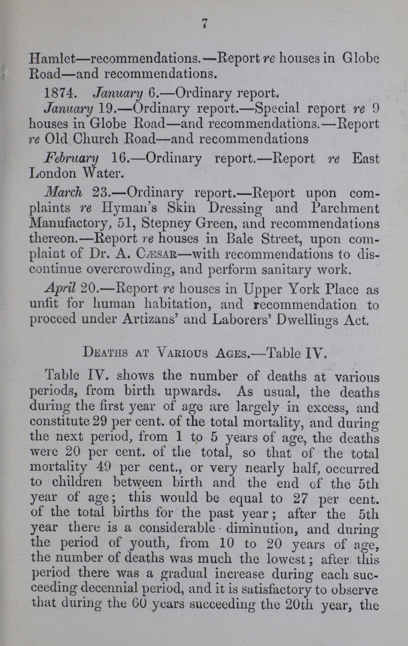 7 Hamlet—recommendations.—Report re houses in Globe Road—and recommendations. 1874. January 6.—Ordinary report. January 19.—Ordinary report.—Special report re 9 houses in Globe Road—and recommendations.—Report re Old Church Road—and recommendations February 16.—Ordinary report.—Report re East London Water. March 23.—Ordinary report.—Report upon com plaints re Hyman's Skin Dressing and Parchment Manufactory, 51, Stepney Green, and recommendations thereon.—Report re houses in Bale Street, upon com plaint of Dr. A. Caesar—with recommendations to dis continue overcrowding, and perform sanitary work. April 20.—Report re houses in Upper York Place as unlit for human habitation, and recommendation to proceed under Artizans' and Laborers' Dwellings Act. Deaths at Various Ages.—Table IV. Table IV. shows the number of deaths at various periods, from birth upwards. As usual, the deaths during the first year of age are largely in excess, and constitute 29 per cent. of the total mortality, and during the next period, from 1 to 5 years of age, the deaths were 20 per cent. of the total, so that of the total mortality 49 per cent., or very nearly half, occurred to children between birth and the end of the 5th year of age; this would be equal to 27 per cent. of the total births for the past year; after the 5th year there is a considerable diminution, and during the period of youth, from 10 to 20 years of age, the number of deaths was much the lowest; after this period there was a gradual increase during each suc ceeding decennial period, and it is satisfactory to observe that during the GO years succeeding the 20th year, the