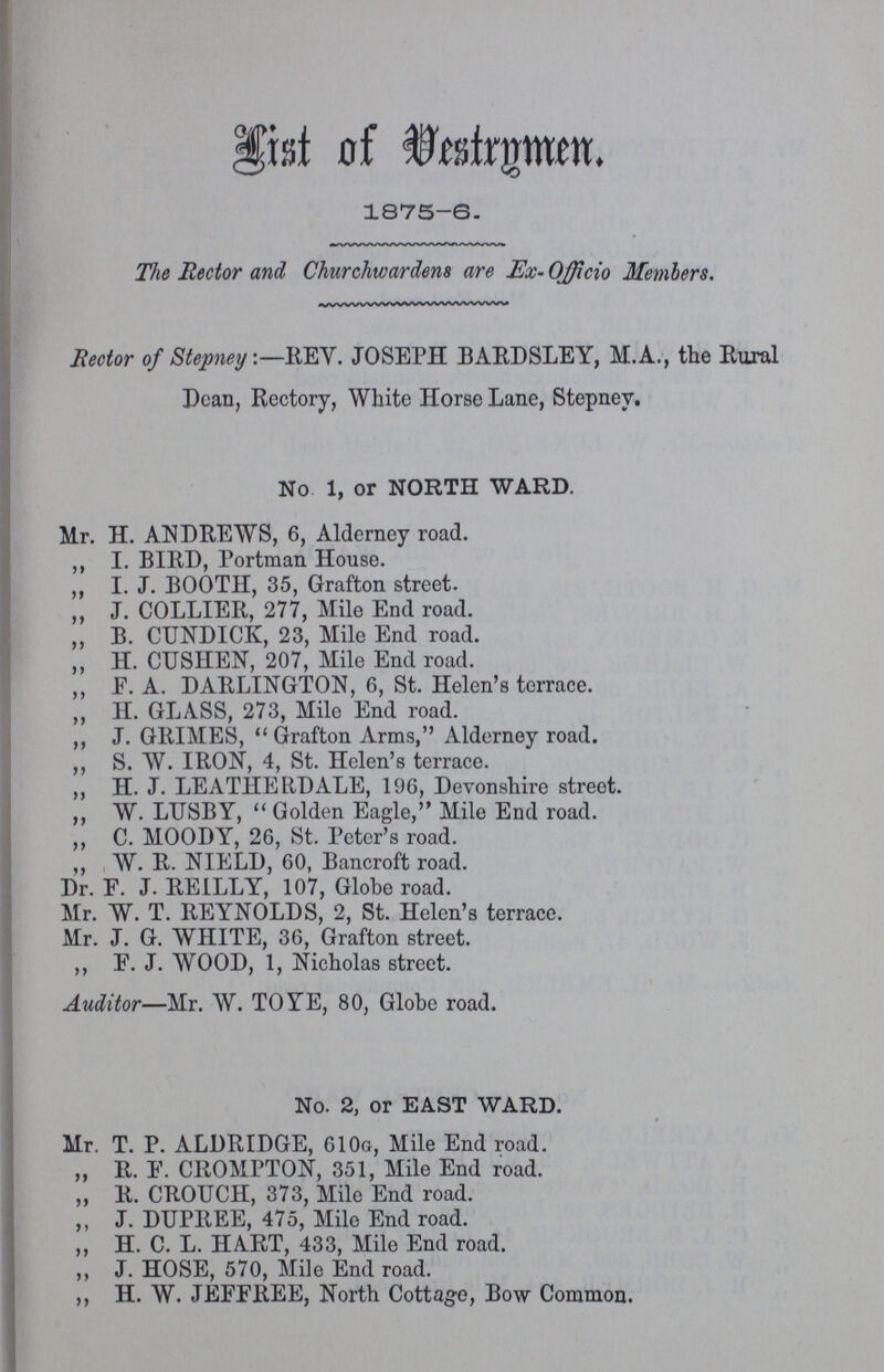 List of Vestrymen. 1875-6. The Rector and Churchwardens are Ex- Officio Members. Rector of Stepney:—REV. JOSEPH BARDSLEY, M.A., the Rural Dean, Rectory, White Horse Lane, Stepney. No. 1, or NORTH WARD. Mr. H. ANDREWS, 6, Alderney road. „ I. BIRD, Portman House. „ I. J. BOOTH, 35, Grafton street. „ J. COLLIER, 277, Mile End road. „ B. CUNDICK, 23, Mile End road. „ H. CUSHEN, 207, Mile End road. „ F. A. DARLINGTON, 6, St. Helen's terrace. „ H. GLASS, 273, Mile End road. „ J. GRIMES, Grafton Arms, Alderney road. „ S. W. IRON, 4, St. Helen's terrace. „ H. J. LEATHERDALE, 196, Devonshire street. „ W. LUSBY, Golden Eagle,Mile End road. „ C. MOODY, 26, St. Peter's road. „ W. R. NIELD, 60, Bancroft road. Dr. F. J. REILLY, 107, Globe road. Mr. W. T. REYNOLDS, 2, St. Helen's terrace. Mr. J. G. WHITE, 36, Grafton street. „ F. J. WOOD, 1, Nicholas street. Auditor—Mr. W. TOYE, 80, Globe road. No. 2, or EAST WARD. Mr. T. P. ALDRIDGE, 610G, Mile End road. „ R. F. CROMPTON, 351, Mile End road. „ R. CROUCH, 373, Mile End road. „ J. DUPREE, 475, Mile End road. „ H. C. L. HART, 433, Mile End road. „ J. HOSE, 570, Mile End road. „ H. W. JEFFREE, North Cottage, Bow Common.