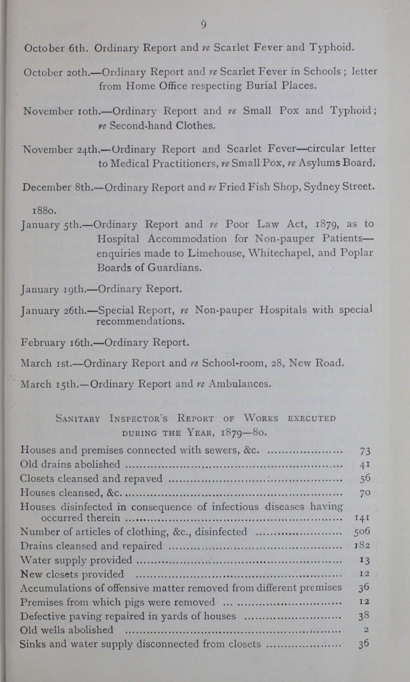 9 October 6th. Ordinary Report and re Scarlet Fever and Typhoid. October 20th.—Ordinary Report and re Scarlet Fever in Schools ; letter from Home Office respecting Burial Places. November 10th.—Ordinary Report and re Small Pox and Typhoid ; re Second-hand Clothes. November 24th.—Ordinary Report and Scarlet Fever—circular letter to Medical Practitioners, re Small Pox, re Asylums Board. December 8th.—Ordinary Report and re Fried Fish Shop, Sydney Street. 1880. January 5th.—Ordinary Report and re Poor Law Act, 1879, as to Hospital Accommodation for Non-pauper Patients— enquiries made to Limehouse, Whitechapel, and Poplar Boards of Guardians. January 19th.—Ordinary Report. January 26th.—Special Report, re Non-pauper Hospitals with special recommendations. February 16th.—Ordinary Report. March 1st.—Ordinary Report and rt School-room, 28, New Road. March 15th.—Ordinary Report and re Ambulances. Sanitary Inspector's Report of Works executed during the year, 1879—80. Houses and premises connected with sewers, &c 73 Old drains abolished 41 Closets cleansed and repaved 56 Houses cleansed, &c 70 Houses disinfected in consequence of infectious diseases having occurred therein 141 Number of articles of clothing, &c., disinfected 506 Drains cleansed and repaired 182 Water supply provided 13 New closets provided 12 Accumulations of offensive matter removed from different premises 36 Premises from which pigs were removed 12 Defective paving repaired in yards of houses 38 Old wells abolished 2 Sinks and water supply disconnected from closets 36