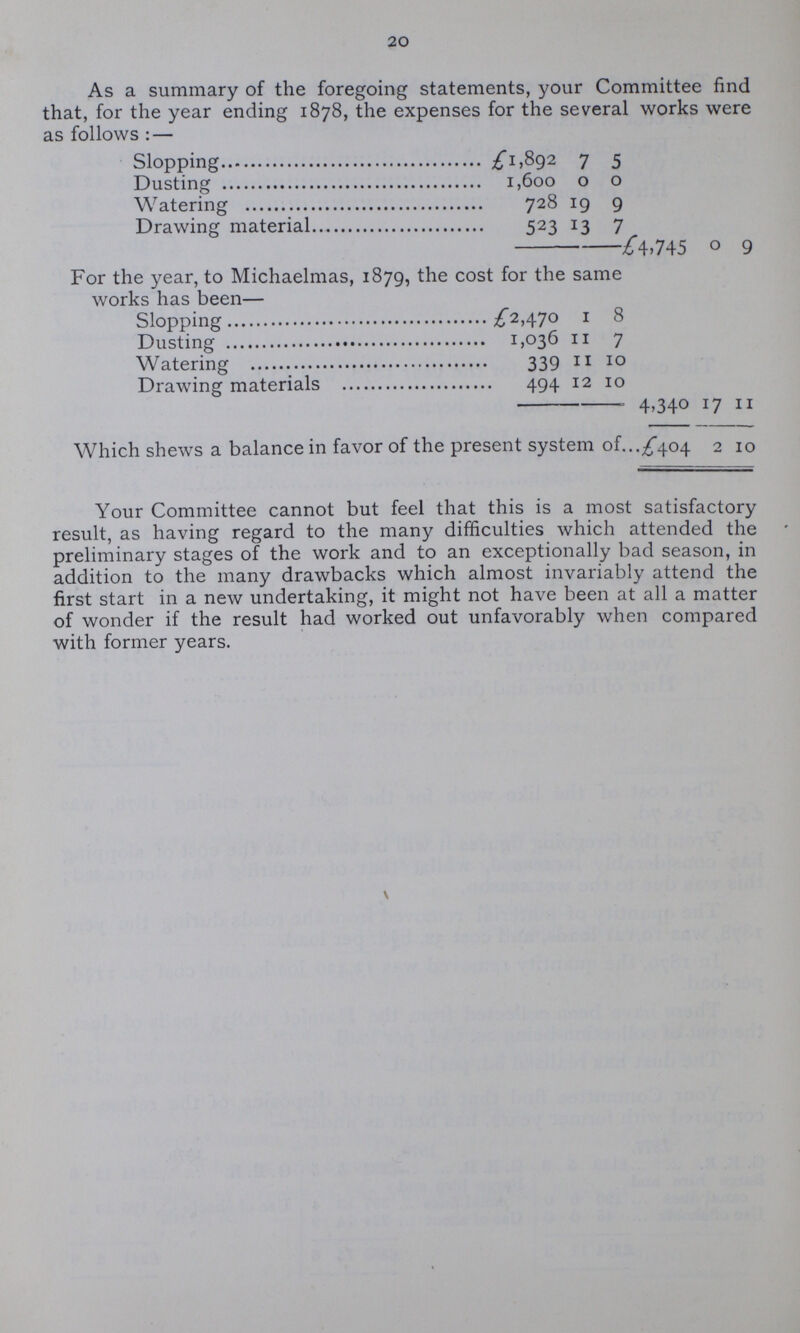 20 As a summary of the foregoing statements, your Committee find that, for the year ending 1878, the expenses for the several works were as follows : — Slopping £1,892 7 5 Dusting 1,600 0 0 Watering 728 19 9 Drawing material 523 13 7 £4,745 0 9 For the year, to Michaelmas, 1879, the cost for the same works has been— Slopping £2,470 1 8 Dusting 1,036 11 7 Watering 339 11 10 Drawing materials 494 12 10 4,340 17 11 Which shews a balance in favor of the present system of £404 2 10 Your Committee cannot but feel that this is a most satisfactory result, as having regard to the many difficulties which attended the preliminary stages of the work and to an exceptionally bad season, in addition to the many drawbacks which almost invariably attend the first start in a new undertaking, it might not have been at all a matter of wonder if the result had worked out unfavorably when compared with former years.