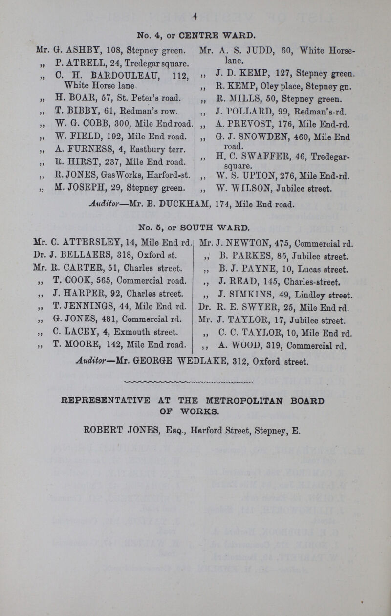 4 No. 4, or CENTRE WARD. Mr. G. ASHBY, 108, Stepney green. ,, P. ATRELL, 24, Tredegar square. „ C. H. BARDOULEAU, 112, White Horse lane ,, H. BOAR, 57, St. Peter's road. ,, T. BIBBY, 61, Redman's row. ,, W. G. COBB, 300, Mile End road ,, W. FIELD, 192, Mile End road. ,, A. FURNESS, 4, Eastbury terr. ,, R. HIRST, 237, Mile End road. ,, R. JONES, GasWorks, Harford-st. „ M. JOSEPH, 29, Stepney green. Mr. A. S. JUDD, 60, White Horse lane. ,, J. D. KEMP, 127, Stepney green. ,, R. KEMP, Oley place, Stepney gn. ,, R. MILLS, 50, Stepney green. ,, J. POLLARD, 99, Redman's-rd. „ A. PREYOST, 176, Mile End-rd. „ G. J. SNOWDEN, 460, Mile End road. ,, H. C. SWAFFER, 46, Tredegar square. ,, W. S. UPTON, 276, Mile End-rd. „ W. WILSON, Jubilee street. Auditor—Mr. B. DUCKHAM, 174, Mile End road. No. 5, or SOUTH WARD. Mr. C. ATTERSLEY, 14, Mile End rd. Dr. J. BELLAERS, 318, Oxford st. Mr. R. CARTER, 51, Charles street. ,, T. COOK, 565, Commercial road. ,, J. HARPER, 92, Charles street. „ T. JENNINGS, 44, Mile End rd. ,, G. JONES, 481, Commercial rd. ,, C. LACEY, 4, Exmouth street. ,, T. MOORE, 142, Mile End road. Mr. J. NEWTON, 475, Commercial rd. ,, B. PARKES, 85, Jubilee street. ,, B. J. PAYNE, 10, Lucas street. ,, J. READ, 145, Charles-street. ,, J. SIMKINS, 49, Lindley street. Dr. R. E. SWYER, 25, Mile End rd. Mr. J. TAYLOR, 17, Jubilee street. „ C. C. TAYLOR, 10, Mile End rd. ,, A. WOOD, 319, Commercial rd. Auditor—Mr. GEORGE WEDLAKE, 312, Oxford street. REPRESENTATIVE AT THE METROPOLITAN BOARD OF WORKS. ROBERT JONES, Esq., Harford Street, Stepney, E.