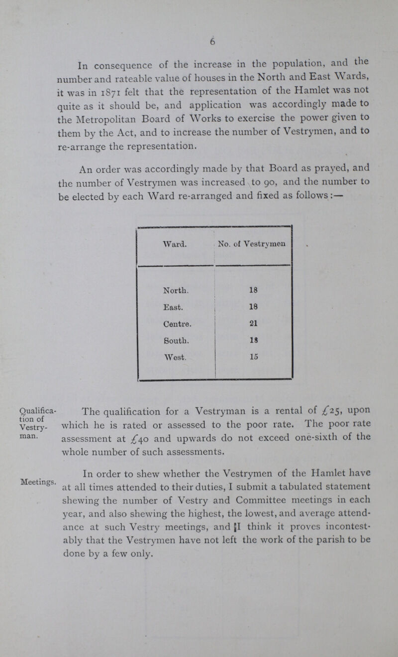 6 In consequence of the increase in the population, and the number and rateable value of houses in the North and East Wards, it was in 1871 felt that the representation of the Hamlet was not quite as it should be, and application was accordingly made to the Metropolitan Board of Works to exercise the power given to them by the Act, and to increase the number of Vestrymen, and to re-arrange the representation. An order was accordingly made by that Board as prayed, and the number of Vestrymen was increased to go, and the number to be elected by each Ward re-arranged and fixed as follows:— Ward. No. of Vestrymen North. 18 East. 18 Centre. 21 South. 18 West. 15 Qualifica tion of Vestry man. The qualification for a Vestryman is a rental of £25, upon which he is rated or assessed to the poor rate. The poor rate assessment at £40 and upwards do not exceed one-sixth of the whole number of such assessments. Meetings. In order to shew whether the Vestrymen of the Hamlet have at all times attended to their duties, I submit a tabulated statement shewing the number of Vestry and Committee meetings in each year, and also shewing the highest, the lowest, and average attend ance at such Vestry meetings, and I think it proves incontest ably that the Vestrymen have not left the work of the parish to be done by a few only.