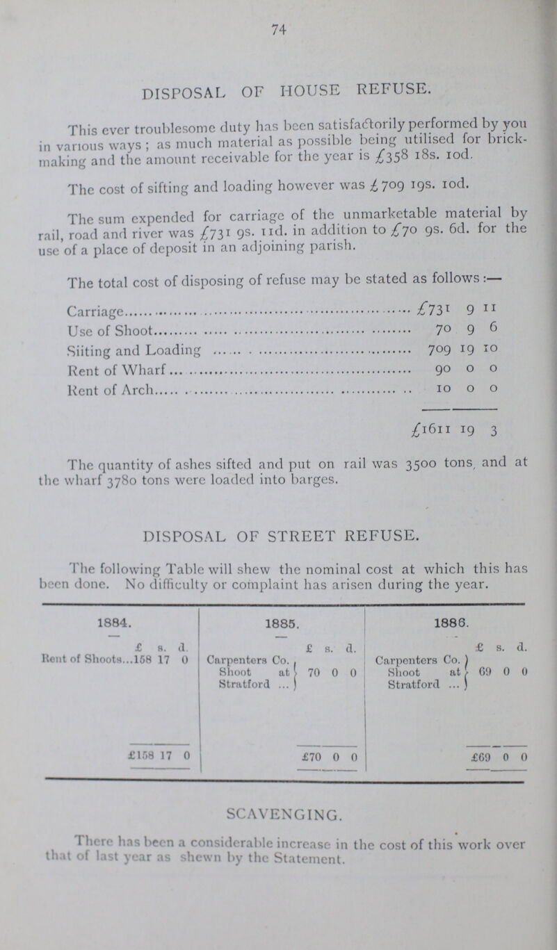 74 DISPOSAL OF HOUSE REFUSE. This ever troublesome duty has been satisfactorily performed by you in various ways; as much material as possible being utilised for brick making and the amount receivable for the year is £358 18s. 10d. The cost of sifting and loading however was £709 19s. 10d. The sum expended for carriage of the unmarketable material by rail, road and river was £731 9s. 11d. addition to £70 9s. 6d. for the use of a place of deposit in an adjoining parish. The total cost of disposing of refuse may be stated as follows:— Carriage £73l 9 11 Use of Shoot 70 9 6 Siiting and Loading 709 19 10 Rent of Wharf 90 0 0 Rent of Arch 10 0 0 £1611 19 3 The quantity of ashes sifted and put on rail was 3500 tons, and at the wharf 3780 tons were loaded into barges. DISPOSAL OF STREET REFUSE. The following Table will shew the nominal cost at which this has been done. No difficulty or complaint has arisen during the year. 1884. 1885. 1886. £ s. d. £ s. d. £ s. d. Rent of Shoots 158 17 0 Carpenters Co. Shoot at Stratford 70 0 0 Carpenters Co. Shoot at Stratford 69 0 0 £158 17 0 £70 0 0 £69 0 0 SCAVENGING. There has been a considerable increase in the cost of this work over that of last year as shewn by the Statement.