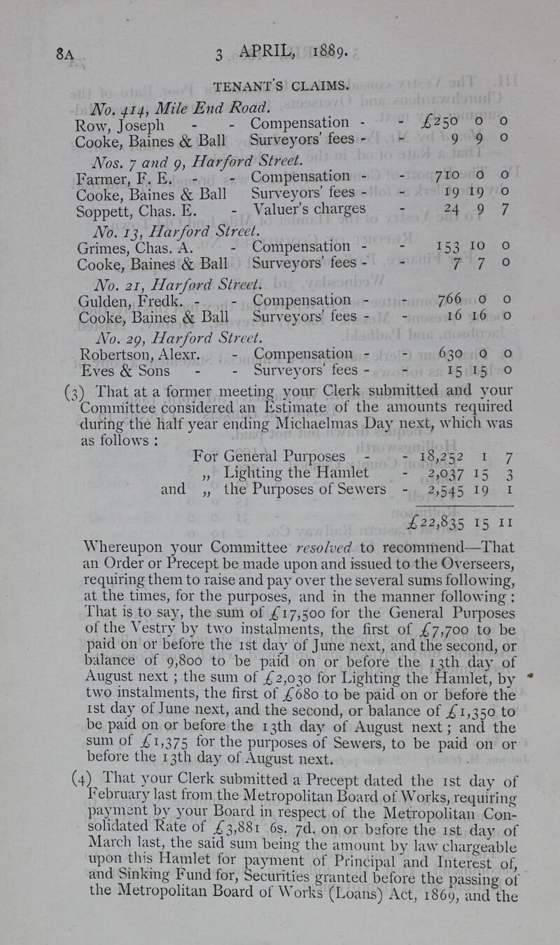 8A 3 APRIL, 1889. tenant's claims. No. Mile End Road. Row, Joseph Compensation £250 0 0 Cooke, Baines & Ball Surveyors fees 9 9 0 Nos. 7 and 9, Harford Street. Farmer, F. E. compensation 710 0 0 Cooke, Baines & Ball Surveyors' fees 19 19 0 Soppett, Chas. E. Valuer's charges 24 9 7 No. 13, Harford Street. Grimes, Chas. A. Compensation 153 10 0 Cooke, Baines & Ball Surveyors' fees 7 7 0 No. 21. Harford Street. Gulden, Fredk. Compensation 766 0 0 Cooke, Baines & Ball Surveyors' fees 16 16 0 No. 29, Harford Street. Robertson, Alexr. Compensation 630 0 0 Eves & Sons Surveyors fees 15 15 0 (3) That at a former meeting your Clerk submitted and your Committee considered an Estimate of the amounts required during the half year ending Michaelmas Day next, which was as follows: For General Purposes 18,252 1 7 „ Lighting the Hamlet 2,037 15 3 and „ the Purposes of Sewers 2,545 19 1 £22,835 15 11 Whereupon your Committee resolved to recommend—That an Order or Precept be made upon and issued to the Overseers, requiring them to raise and pay over the several sums following, at the times, for the purposes, and in the manner following: That is to say, the sum of £17,500 for the General Purposes of the Vestry by two instalments, the first of £7,700 to be paid on or before the 1st day of June next, and the second, or balance of 9,800 to be paid on or before the 13th day of August next; the sum of £2,030 for Lighting the Hamlet, by two instalments, the first of £680 to be paid on or before the 1st day of June next, and the second, or balance of £1,350 to be paid on or before the 13th day of August next; and the sum of £1,375 for the purposes of Sewers, to be paid on or before the 13th day of August next. (4) 1 hat your Clerk submitted a Precept dated the 1st day of February last from the Metropolitan Board of Works, requiring payment by your Board in respect of the Metropolitan Con solidated Rate of £3,881 6s. 7d. on or before the 1st day of March last, the said sum being the amount by law chargeable upon this Hamlet for payment of Principal and Interest of, and Sinking Fund for, Securities granted before the passing of the Metropolitan Board of Works (Loans) Act, 1869, and the