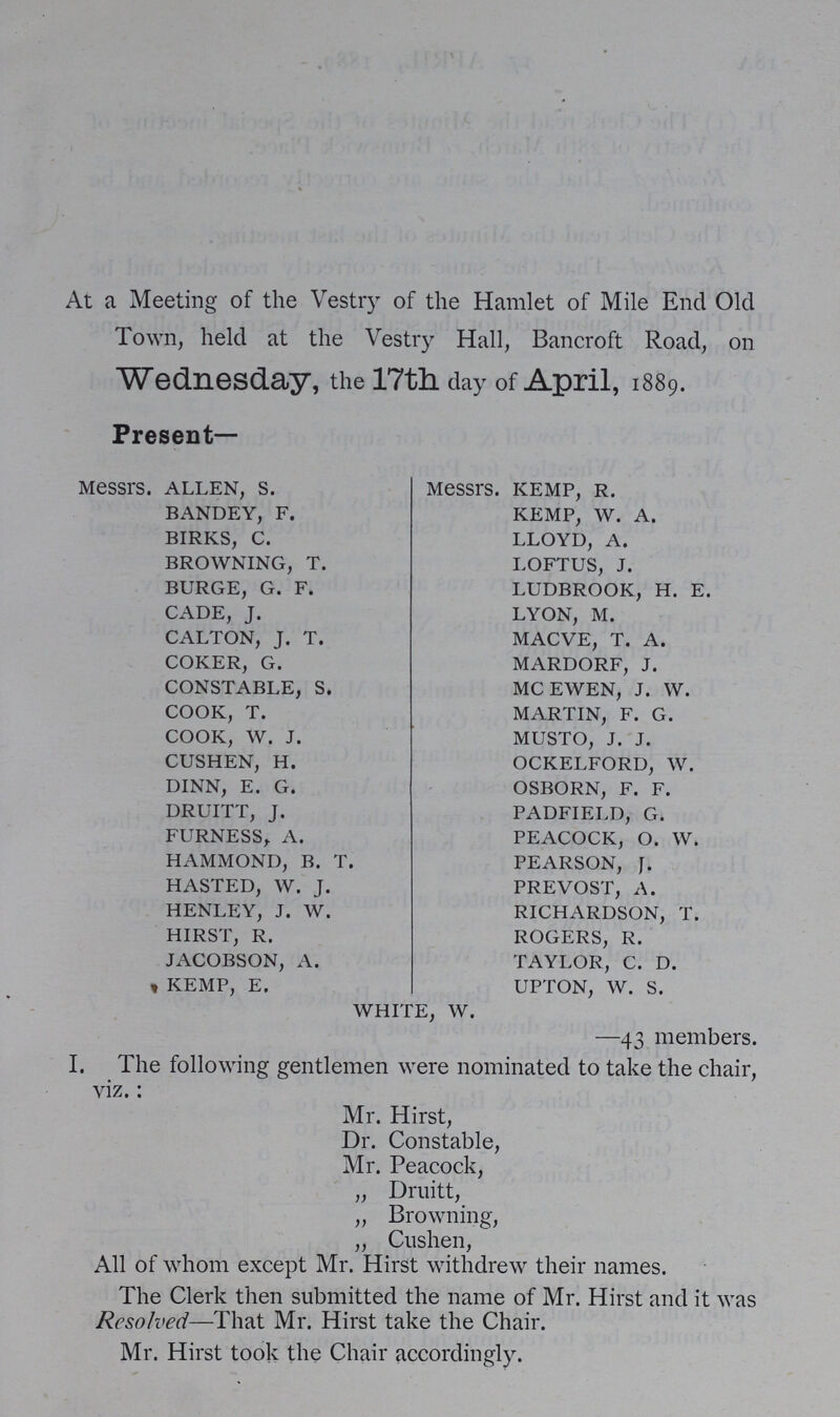 At a Meeting of the Vestry of the Hamlet of Mile End Old Town, held at the Vestry Hall, Bancroft Road, on Wednesday, the 17th. day of April, 1889. Present- Messrs. ALLEN, S. BANDEY, F. BIRKS, C. BROWNING, T. BURGE, G. F. CADE, J. CALTON, J. T. COKER, G. CONSTABLE, S. COOK, T. COOK, W. J. CUSHEN, H. DINN, E. G. DRUITT, J. FURNESS,. A. HAMMOND, B. T. HASTED, W. J. HENLEY, J. W. HIRST, R. JACOBSON, A. KEMP, E. Messrs. KEMP, R. KEMP, W. A. LLOYD, A. LOFTUS, J. LUDBROOK, H. E. LYON, M. MACVE, T. A. MARDORF, J. MC EWEN, J. W. MARTIN, F. G. MUSTO, J. J. OCKELFORD, W. OSBORN, F. F. PADFIELD, G. PEACOCK, O. W. PEARSON, J. PREVOST, A. RICHARDSON, T. ROGERS, R. TAYLOR, C. D. UPTON, W. S. WHITE, W. —43 members. I. The following gentlemen were nominated to take the chair, viz.: Mr. Hirst, Dr. Constable, Mr. Peacock, „ Druitt, „ Browning, „ Cushen, All of whom except Mr. Hirst withdrew their names. The Clerk then submitted the name of Mr. Hirst and it was Resolved—That Mr. Hirst take the Chair. Mr. Hirst took the Chair accordingly.