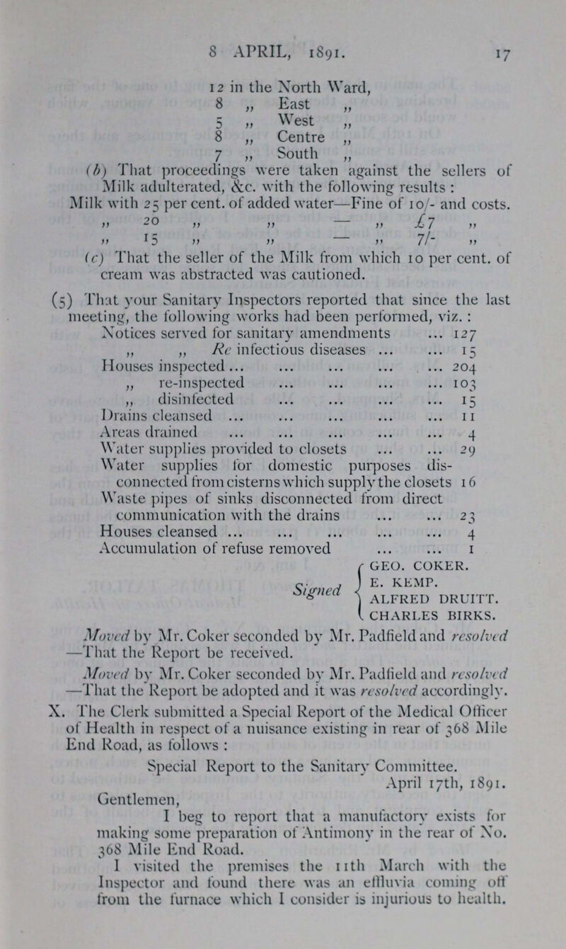 8 APRIL, 1891. 17 12 in the North Ward, 8 „ East „ 5 „ West „ 8 „ Centre „ 7 „ South „ (b) That proceedings were taken against the sellers of Milk adulterated, &c. with the following results: Milk with 25 per cent. of added water—Fine of 10/- and costs. „ 20 „ „ - „ £ 7 „ „ 15 „ „ - „ 7/- „ (c) That the seller of the Milk from which 10 per cent. of cream was abstracted was cautioned. (5) That your Sanitary Inspectors reported that since the last meeting, the following works had been performed, viz.: Notices served for sanitary amendments 127 ,, „ Re infectious diseases 15 Houses inspected 204 „ re-inspected 103 ,, disinfected 15 Drains cleansed 11 Areas drained 4 Water supplies provided to closets 29 Water supplies for domestic purposes dis connected from cisterns which supply the closets 16 Waste pipes of sinks disconnected from direct communication with the drains 23 Houses cleansed 4 Accumulation of refuse removed 1 Signed GEO. COKER. E. KEMP. ALFRED DRUITT. CHARLES BIRKS. Moved by Mr. Coker seconded by Mr. Padfield and resolved —That the Report be received. Moved by Mr. Coker seconded by Mr. Padfield and resolved —That the Report be adopted and it was resolved accordingly. X. The Clerk submitted a Special Report of the Medical Officer of Health in respect of a nuisance existing in rear of 368 Mile End Road, as follows: Special Report to the Sanitary Committee. April 17th, 1891. Gentlemen, I beg to report that a manufactory exists for making some preparation of Antimony in the rear of No. 368 Mile End Road. I visited the premises the nth March with the Inspector and found there was an effluvia coming off from the furnace which I consider is injurious to health.