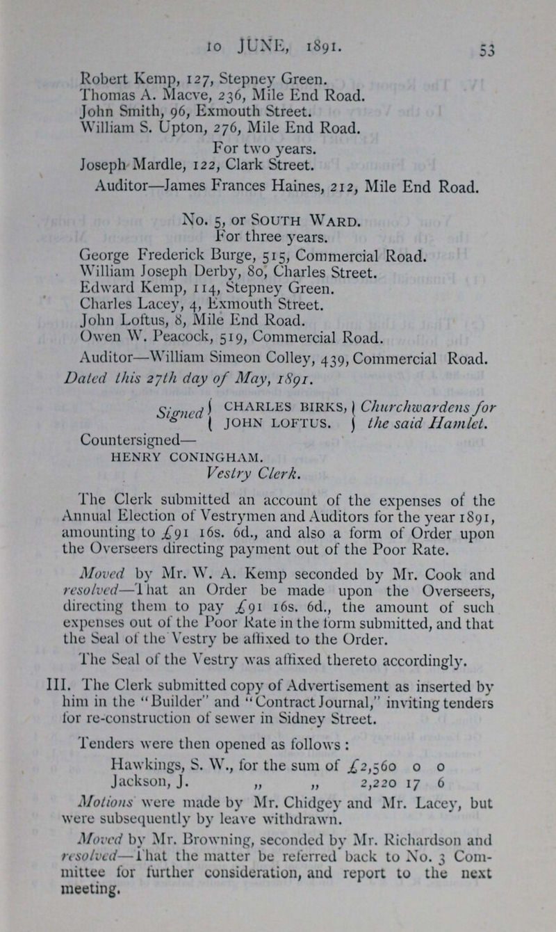 10 JUNE, 1891. 53 Robert Kemp, 127, Stepney Green. Thomas A. Macve, 236, Mile End Road. John Smith, 96, Exmouth Street. William S. Upton, 276, Mile End Road. For two years. Joseph Mardle, 122, Clark Street. Auditor—James Frances Haines, 212, Mile End Road. No. 5, or South Ward. For three years. George Frederick Burge, 515, Commercial Road. William Joseph Derby, 80, Charles Street. Edward Kemp, 114, Stepney Green. Charles Lacey, 4, Exmouth Street. John Loftus, 8, Mile End Road. Owen W. Peacock, 519, Commercial Road. Auditor—William Simeon Colley, 439, Commercial Road. Dated this 27th day of May, 1891. signed Charles birks, Churchwardens for the said Hamlet. john loftus. Countersigned— henry coningham. Vestry Clerk. The Clerk submitted an account of the expenses of the Annual Election of Vestrymen and Auditors for the year 1891, amounting to .£91 16s. 6d., and also a form of Order upon the Overseers directing payment out of the Poor Rate. Moved by Mr. W. A. Kemp seconded by Mr. Cook and resolved—1 hat an Order be made upon the Overseers, directing them to pay .£91 16s. 6d., the amount of such expenses out of the Poor Rate in the form submitted, and that the Seal of the Vestry be affixed to the Order. The Seal of the Vestry was affixed thereto accordingly. III. The Clerk submitted copy of Advertisement as inserted by him in the Builder and Contract Journal, inviting tenders for re-construction of sewer in Sidney Street. Tenders were then opened as follows: Hawkings, S. W., for the sum of .£2,560 0 0 Jackson, J. „ „ 2,220 17 6 Motions were made by Mr. Chidgey and Mr. Lacey, but were subsequently by leave withdrawn. Moved by Mr. Browning, seconded by Mr. Richardson and resolved—That the matter be referred back to No. 3 Com mittee for further consideration, and report to the next meeting.