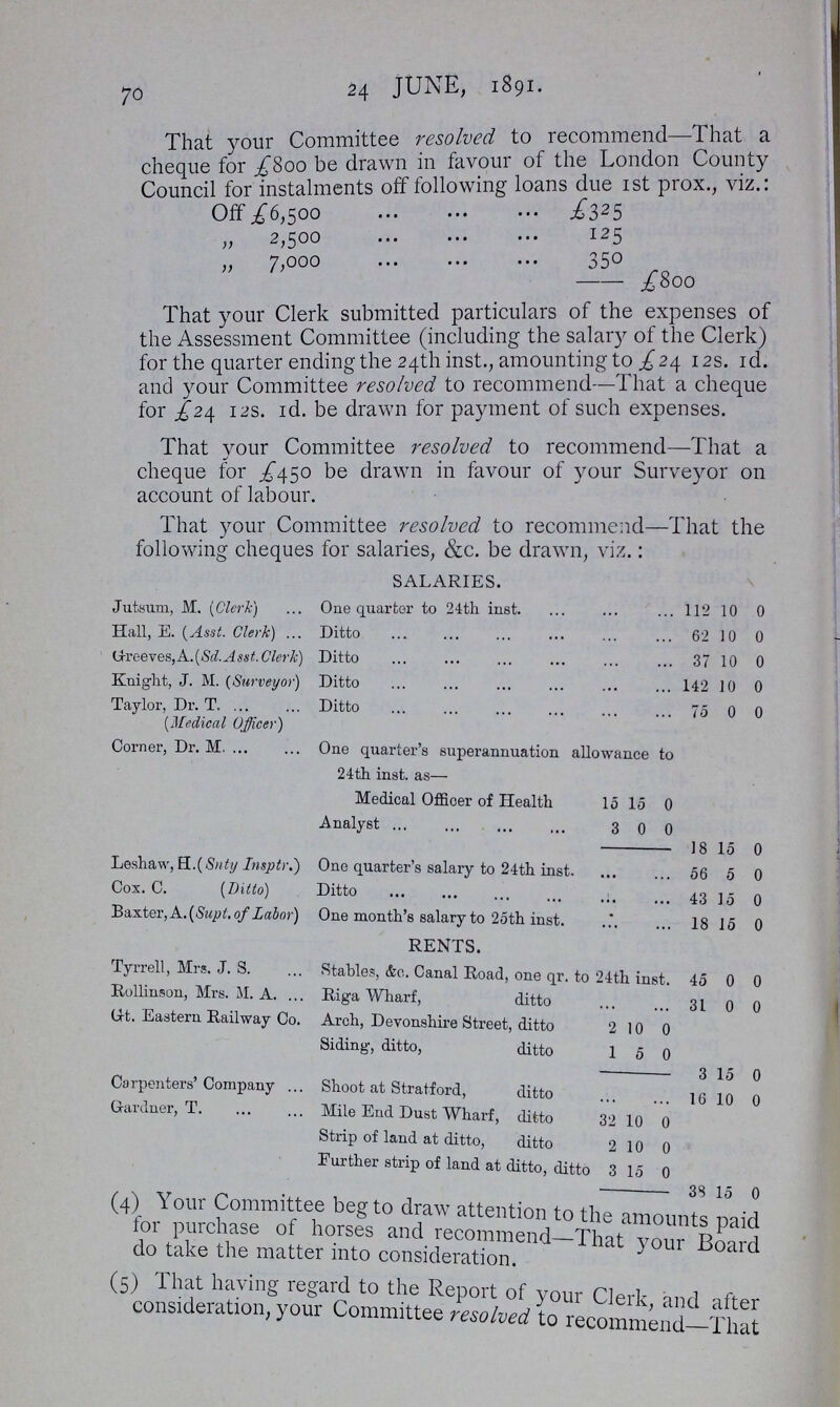 70 24 JUNE, 1891. That your Committee resolved to recommend That a cheque for £800 be drawn in favour of the London County Council for instalments off following loans due 1st prox., viz. Off £6,500 £325 „ 2,500 I25 „ 7,000 350 £800 That your Clerk submitted particulars of the expenses of the Assessment Committee (including the salary of the Clerk) for the quarter ending the 24th inst., amounting to £24 12s. 1d. and your Committee resolved to recommend—That a cheque for £24 12s. 1d. be drawn for payment of such expenses. That your Committee resolved to recommend—That a cheque for £450 be drawn in favour of your Surveyor on account of labour. That your Committee resolved to recommend—That the following cheaues for salaries, &c. be drawn, viz.: (4) our Committee beg to draw attention to the amounts paid for purchase of horses and recommend-That your Board do take the matter into consideration. (5) That having regard to the Report of your Clerk and afer consideration, your Committee resolved to recommend—That SALARIES. Jutsum, M. (Clerk) One quarter to 24th inst. 112 10 0 Hall, E. (Asst. Clerk) Ditto 62 10 0 G-reeves, A. (Sd. Asst. Clerk) Ditto 37 10 0 Knight, J. M. (Surveyor) Ditto 142 10 0 Taylor, Dr. T. Ditto 75 0 0 (Medical Officer) Corner, Dr. M. One quarter's superannuation allowance to 24th inst. as— Medical Officer of Health 15 15 0 Analyst 3 0 0 18 15 0 Leshaw, H.( Snty Insptr.) One quarter's salary to 24th inst. 56 5 0 Cox. C. (Ditto) Ditto 43 15 0 Baxter, A. (Supl. of Labor) One month's salary to 25th inst. 18 15 0 RENTS. Tyrrell, Mrs. J. S. Stables, &c. Canal Road, one qr. to 24th inst. 45 0 0 Rollinson, Mrs. M. A Riga Wharf, ditto 31 0 0 (Gt. Eastern Railway Co. Arch, Devonshire Street, ditto 2 10 0 Siding-, ditto, ditto 1 5 0 3 15 0 Carpenters' Company Shoot at Stratford, ditto 16 10 0 Gardner, T. Mile End Dust Wharf, ditto 32 10 0 Strip of land at ditto, ditto 2 10 0 Further strip of land at ditto, ditto 3 15 0 38 15 0