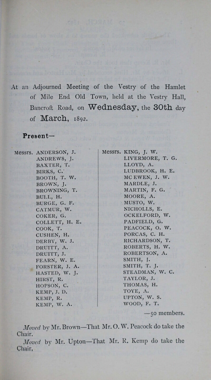 At an Adjourned Meeting of the Vestry of the Hamlet of Mile End Old Town, held at the Vestry Hall, Bancroft Road, on Wednesday, the 30th. day of March., 1892. Present- Messrs. ANDERSON, J. ANDREWS, J. BAXTER, T. BIRKS, C. BOOTH, T. W. BROWN, J. BROWNING, T. BULL, H. BURGE, G. F. CATMUR, W. COKER, G. COLLETT, H. E. COOK, T. CUSHEN, H. DERBY, W. J. DRUITT, A. DRUITT, J. FEARN, W. E. FORSTER, J. A. HASTED, W. J. HIRST, R. HOPSON, C. KEMP, J. D. KEMP, R. KEMP, W. A. Messrs. KING, J. w. LIVERMORE, T. G. LLOYD, A. LUDBROOK, H. E. MCEWEN, J. W. MARDLE, J. MARTIN, F. G. MOORE, A. MUSTO, W. NICHOLLS, E. OCKELFORD, W. PADFIELD, G. PEACOCK, O. W. PORCAS, C. H. RICHARDSON, T. ROBERTS, H. W. ROBERTSON, A. SMITH, f. SMITH, T. J. STEADMAN, W. C. TAYLOR, J. THOMAS, H. TOYE, A. UPTON, W. S. WOOD, F. T. —50 members. Moved by Mr. Brown—That Mr. O. W. Peacock do take the Chair. Moved by Mr. Upton—That Mr. R. Kemp do take the Chair,