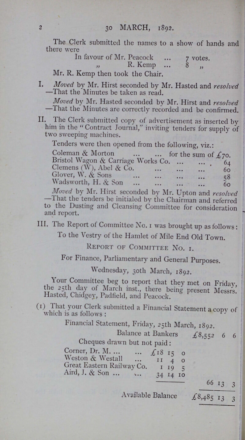 2 30 march, 1892. The Clerk submitted the names to a show of hands and there were In favour of Mr. Peacock 7 votes. „ R. Kemp 8 „ Mr. R. Kemp then took the Chair. I. Moved by Mr. Hirst seconded by Mr. Hasted and resolved —That the Minutes be taken as read. Moved by Mr. Hasted seconded by Mr. Hirst and resolved —That the Minutes are correctly recorded and be confirmed. II. The Clerk submitted copy of advertisement as inserted by him in the Contract Journal, inviting tenders for supply of two sweeping machines. Tenders were then opened from the following, viz.: Coleman & Morton for the sum of £70. Bristol Wagon & Carriage Works Co 64 Clemens (W), Abel & Co 60 Glover, W. & Sons ... ... ... ... 58 Wadsworth, H. & Son ... ... ... ... 60 Moved by Mr. Hirst seconded by Mr. Upton and resolved —That the tenders be initialed by the Chairman and referred to the Dusting and Cleansing Committee for consideration and report. III. The Report of Committee No. 1 was brought up as follows: To the Vestry of the Hamlet of Mile End Old Town. Report of Committee No. 1. For Finance, Parliamentary and General Purposes. Wednesday, 30th March, 1892. Your Committee beg to report that they met on Friday, the 25th day of March inst., there being present Messrs. Hasted, Chidgey, Padfield, and Peacock. (1) That your Clerk submitted a Financial Statement a copy of which is as follows : Financial Statement, Friday, 25th March, 1892. Balance at Bankers .£8,552 6 6 Cheques drawn but not paid : Corner, Dr. M £18 15 0 Weston & Westall 11 4 0 Great Eastern Railway Co. 1 19 5 Aird, J. & Son 34 14 10 66 13 3 Available Bala nce £8,485 13 3