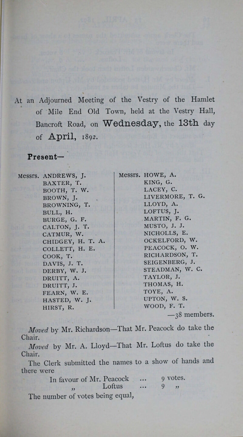 At an Adjourned Meeting of the Vestry of the Hamlet of Mile End Old Town, held at the Vestry Hall, Bancroft Road, on Wednesday, the 13th. day of April, 1892. Present- Messrs. ANDREWS, J. BAXTER, T. BOOTH, T. W. BROWN, J. BROWNING, T. BULL, H. BURGE, G. F. CALTON, J. T. CATMUR, W. CHIDGEY, H. T. A. COLLETT, H. E. COOK, T. DAVIS, J. T. DERBY, W. J. DRUITT, A. DRUITT, J. FEARN, W. E. HASTED, W. J. HIRST, R. Messrs. HOWE, A. KING, G. LACEY, C. LIVERMORE, T. G. LLOYD, A. LOFTUS, J. MARTIN, F. G. MUSTO, J. J. NICHOLLS, E. OCKELFORD, W. PEACOCK, O. W. RICHARDSON, T. SEIGENBERG, J. STEADMAN, W. C. TAYLOR, J. THOMAS, H. TOYE, A. UPTON, W. S. WOOD, F. T. —38 members. Moved by Mr. Richardson—That Mr. Peacock do take the Chair. Moved by Mr. A. Lloyd—That Mr. Loftus do take the Chair. The Clerk submitted the names to a show of hands and there were In favour of Mr. Peacock 9 votes. „ Loftus 9 „ The number of votes being equal,