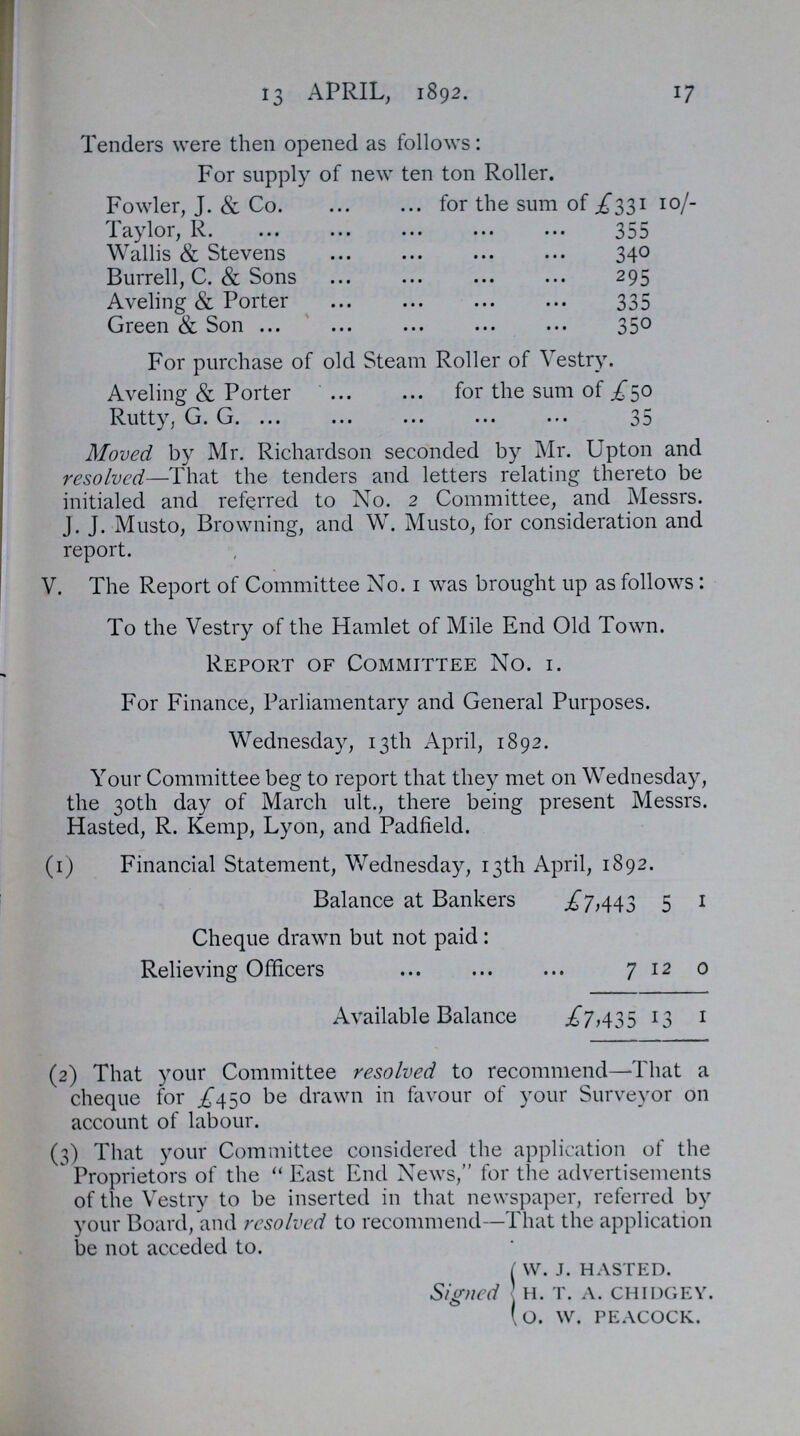 17 13 APRIL, 1892. Tenders were then opened as follows: For supply of new ten ton Roller. Fowler, J. & Co. for the sum of £331 1o/- Taylor, R. 355 Wallis & Stevens 340 Burrell, C. & Sons 2 95 Aveling & Porter 335 Green & Son 350 For purchase of old Steam Roller of Vestry. Aveling & Porter for the sum of £50 Rutty, G.G. 35 Moved by Mr. Richardson seconded by Mr. Upton and resolved—That the tenders and letters relating thereto be initialed and referred to No. 2 Committee, and Messrs. J. J. Musto, Browning, and W. Musto, for consideration and report. V. The Report of Committee No. 1 was brought up as follows: To the Vestry of the Hamlet of Mile End Old Town. Report of Committee No. i. For Finance, Parliamentary and General Purposes. Wednesday, 13th April, 1892. Your Committee beg to report that they met on Wednesday, the 30th day of March ult., there being present Messrs. Hasted, R. Kemp, Lyon, and Padfield. (1) Financial Statement, Wednesday, 13th April, 1892. Balance at Bankers .£7,443 5 1 Cheque drawn but not paid: Relieving Officers 7 12 0 Available Balance £7,435 13 1 (2) That your Committee resolved to recommend—That a cheque for .£450 be drawn in favour of your Surveyor on account of labour. (3) That your Committee considered the application of the Proprietors of the East End News,for the advertisements of the Vestry to be inserted in that newspaper, referred by your Board, and resolved to recommend—That the application be not acceded to. Signed w. j. hasted. h. t. a. chidgey. o. w. peacock.